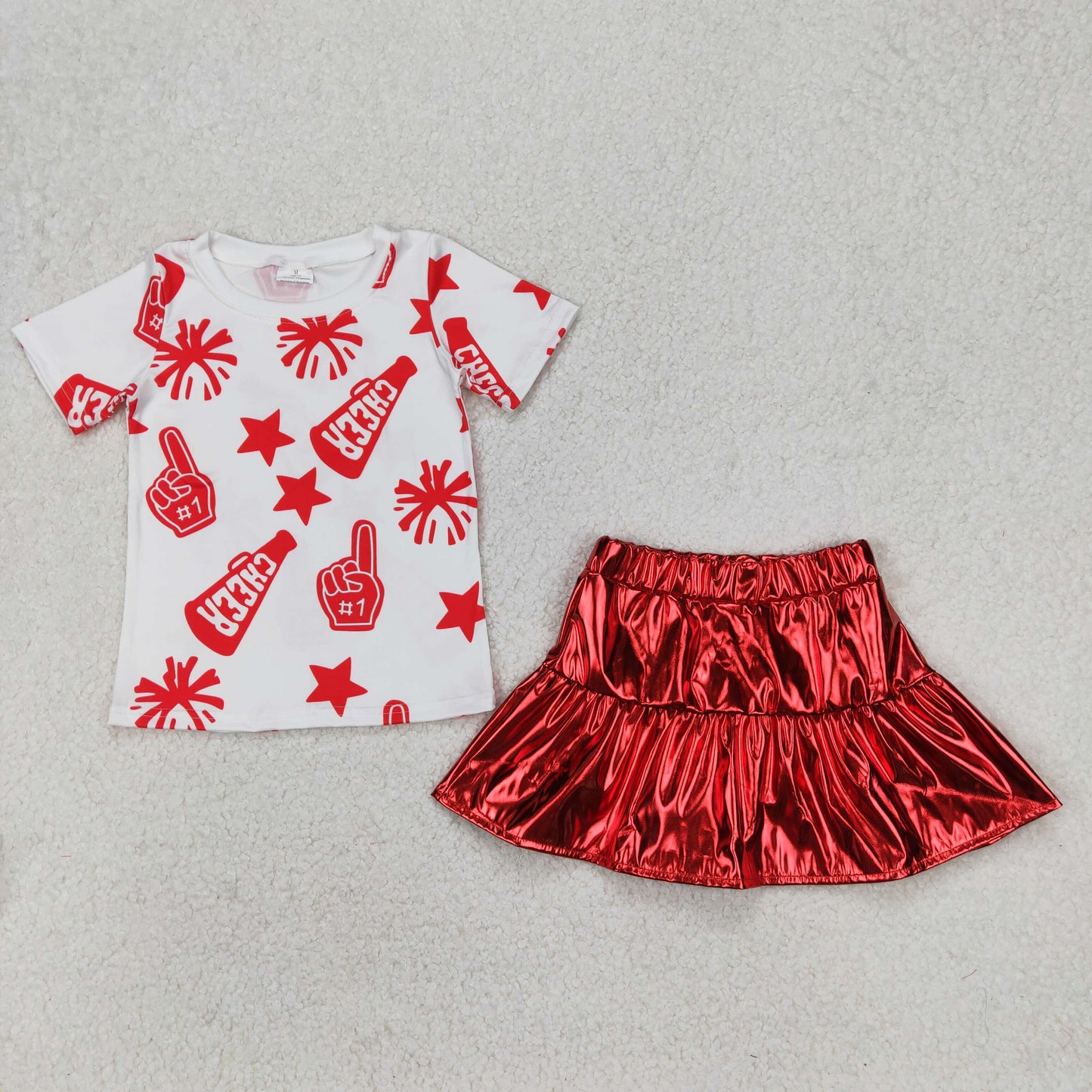 GSD2369 baby girls CHEER short sleeve star red leather skirt outfits