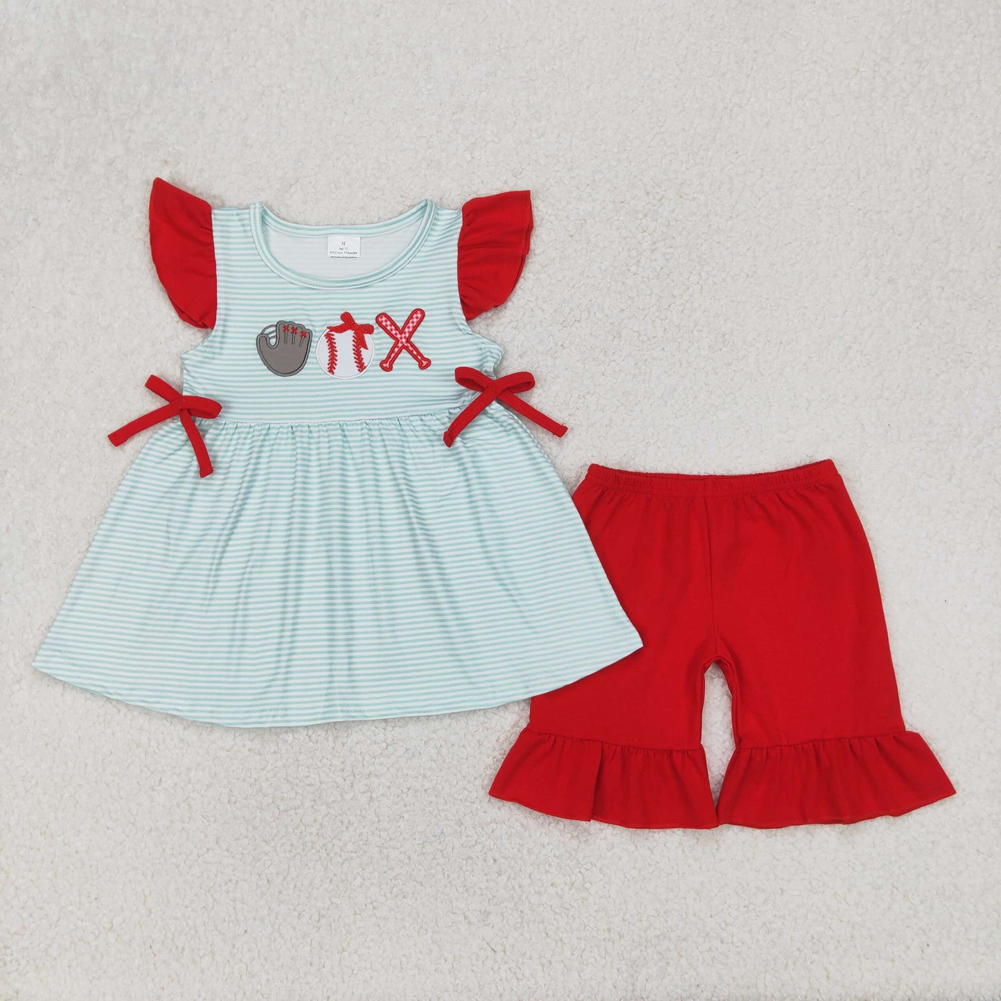 GSSO2317 baby girls red flying sleeve baseball shorts outfits embroidery