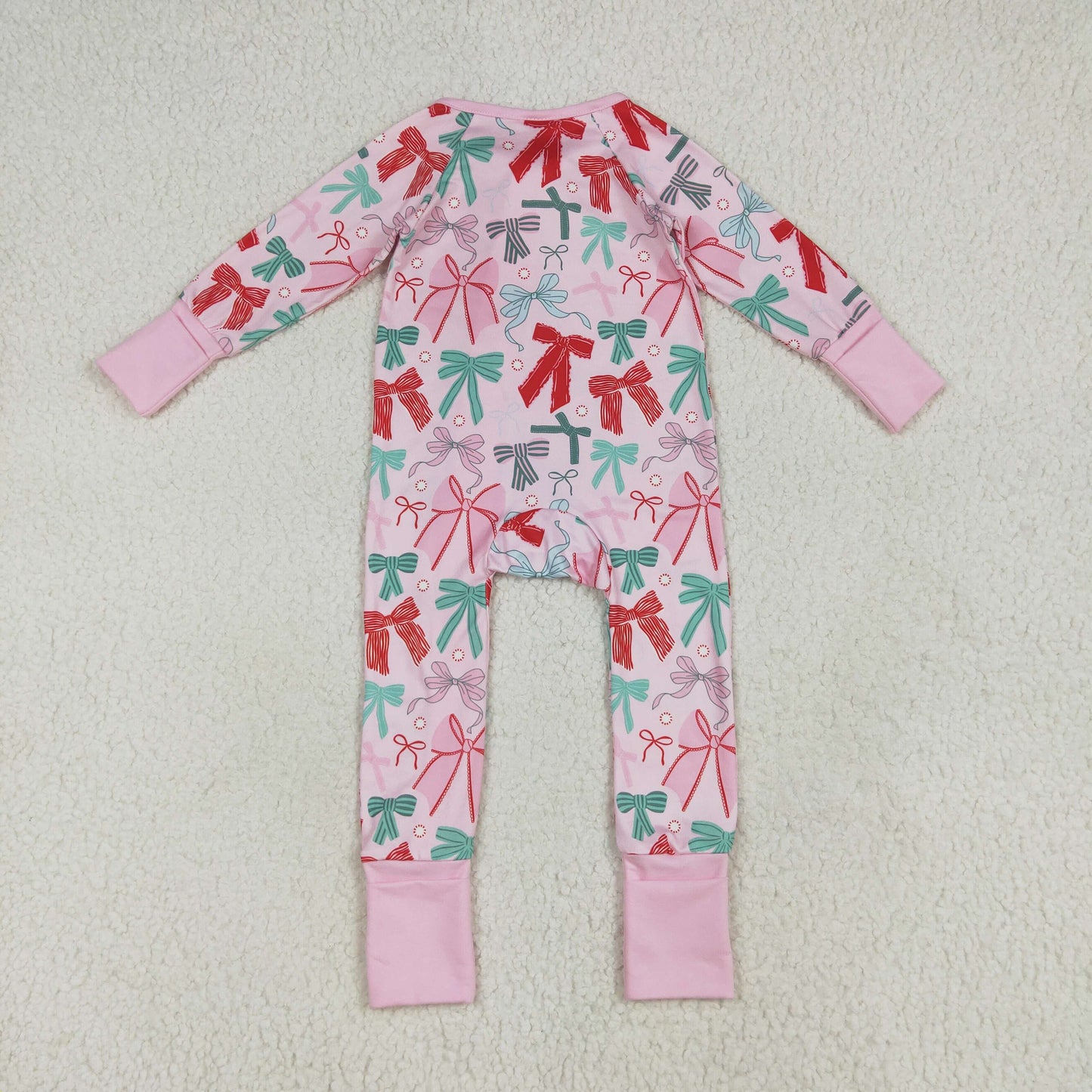 LR2266 baby girls red green bow long sleeve zipper pink romper