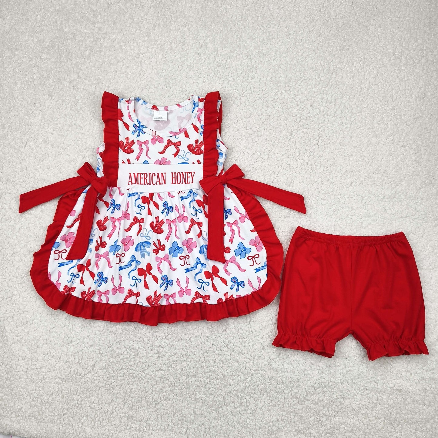 GSSO2538 baby girls red floral sleeveless bow shorts outfits