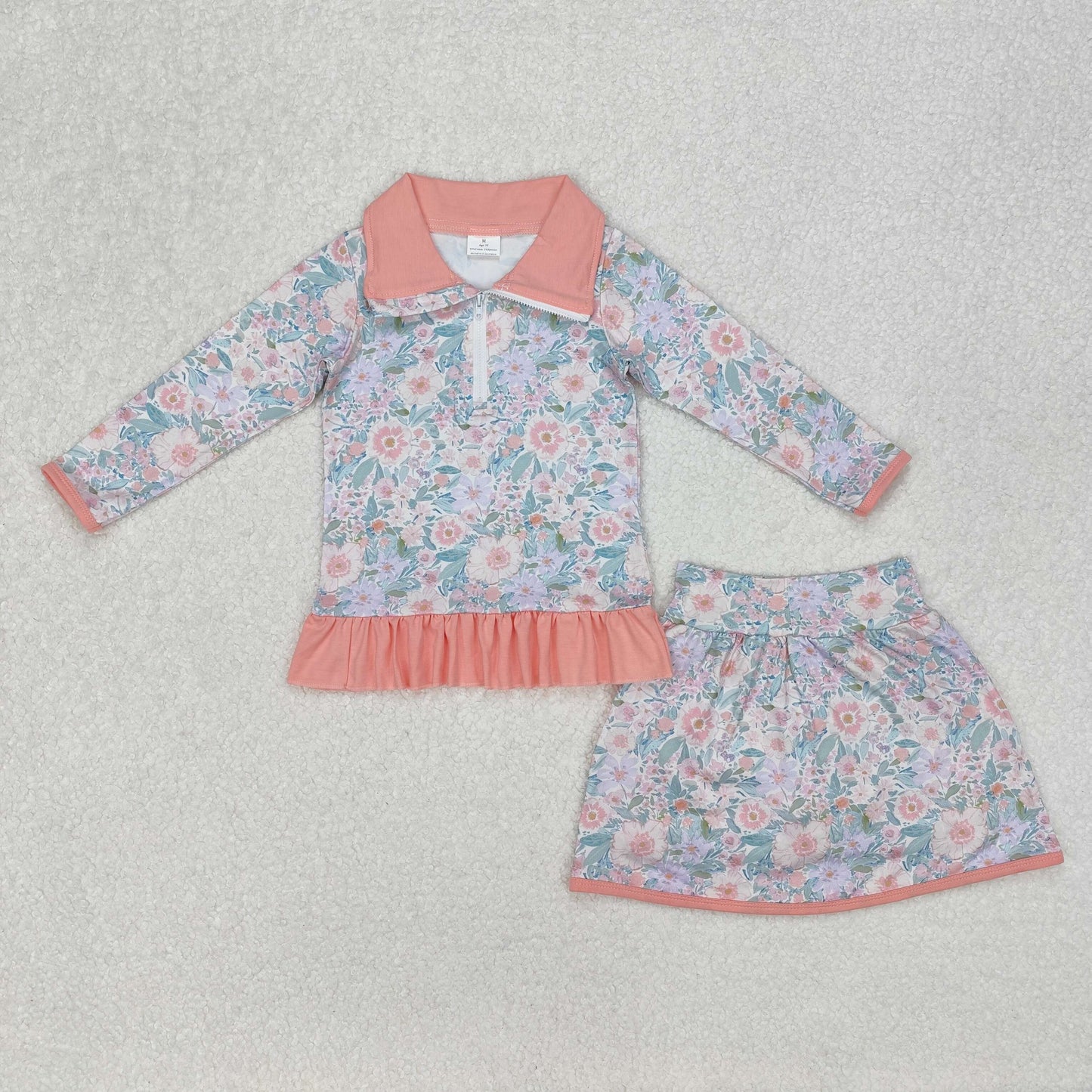 GLD1010 baby Girls light orange floral long shirt skirt outfits milk silk