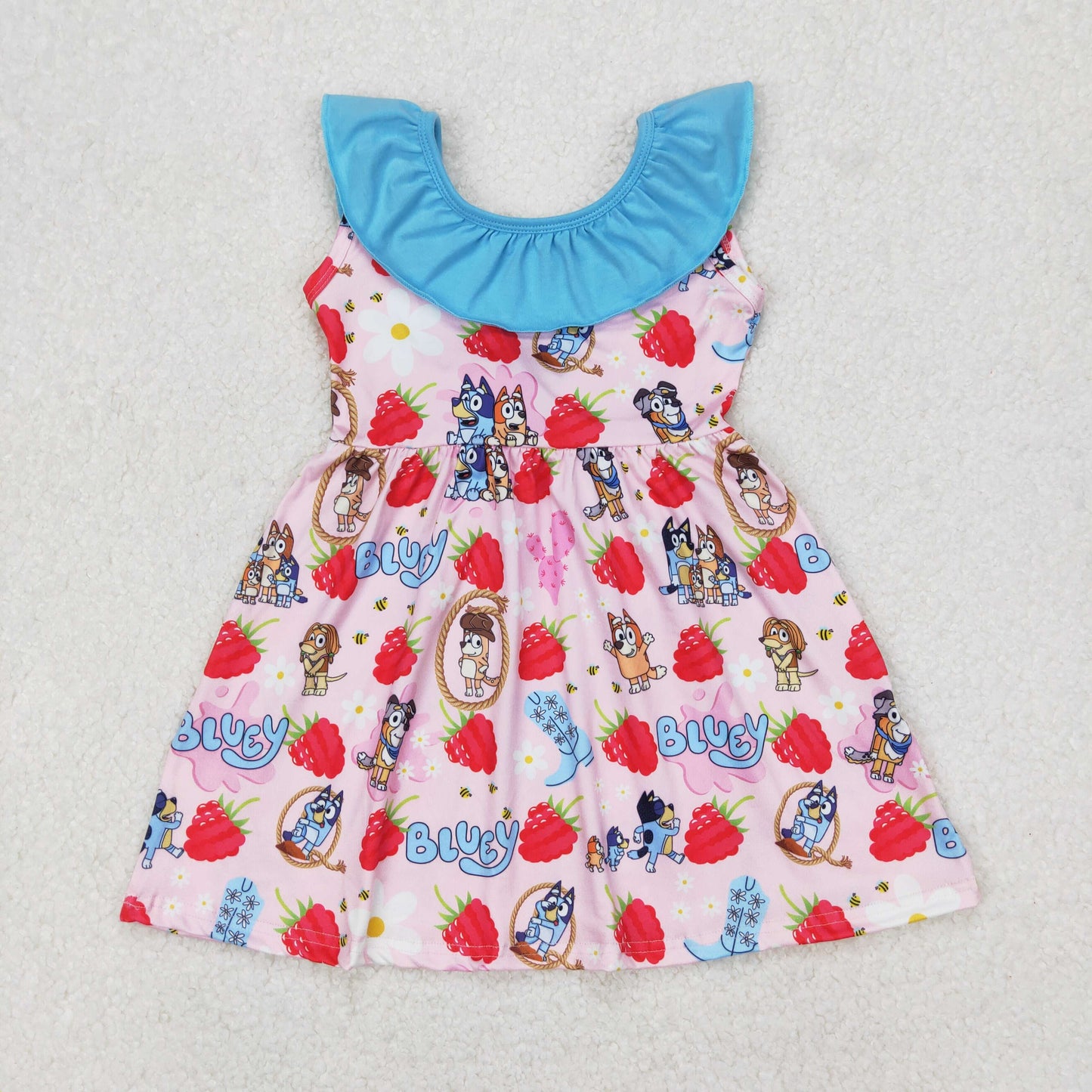 GSD1813 baby Girls blue floral sleeveless cartoon dog Strawberry Dress