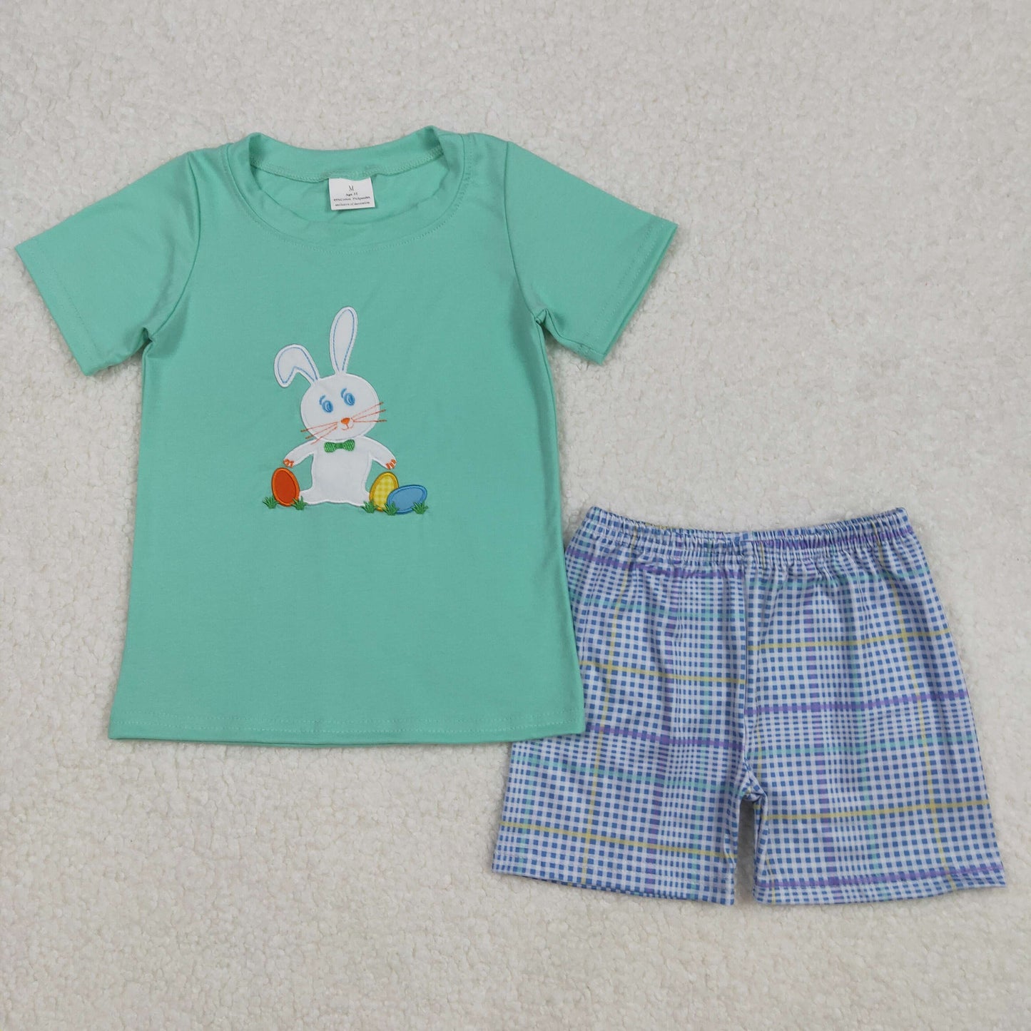 BSSO1185 Boys Easter bunny green checked shorts outfits embroidery