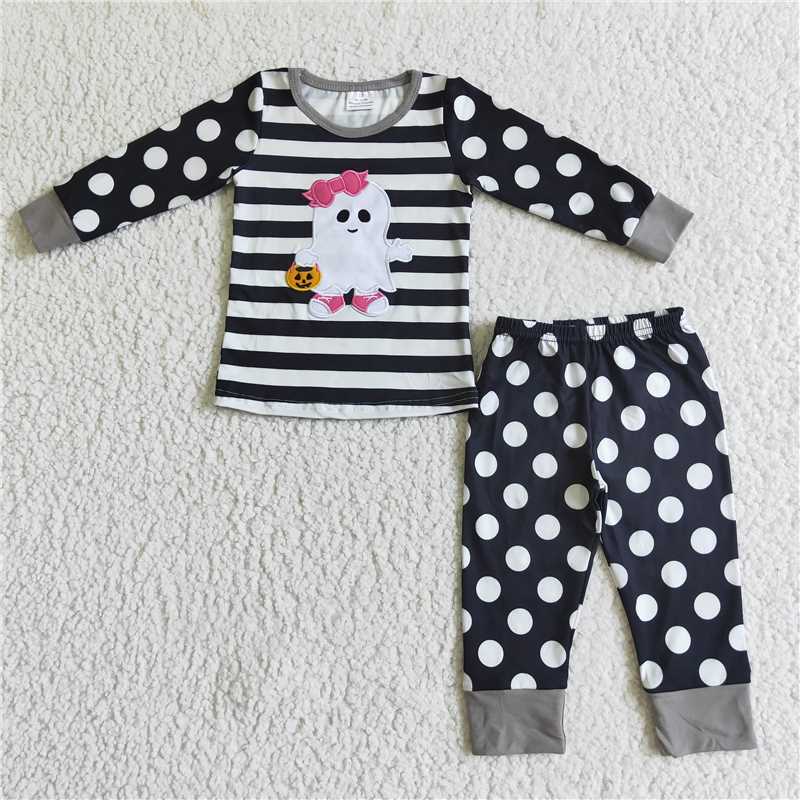 Matching Baby girls boys Halloween ghost stripe black outfits embroidery