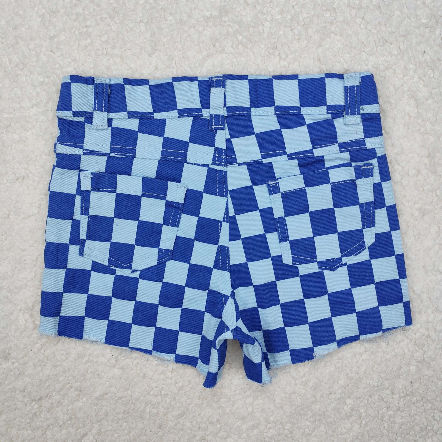SS0093 Girls blue checkered Summer Denim Shorts