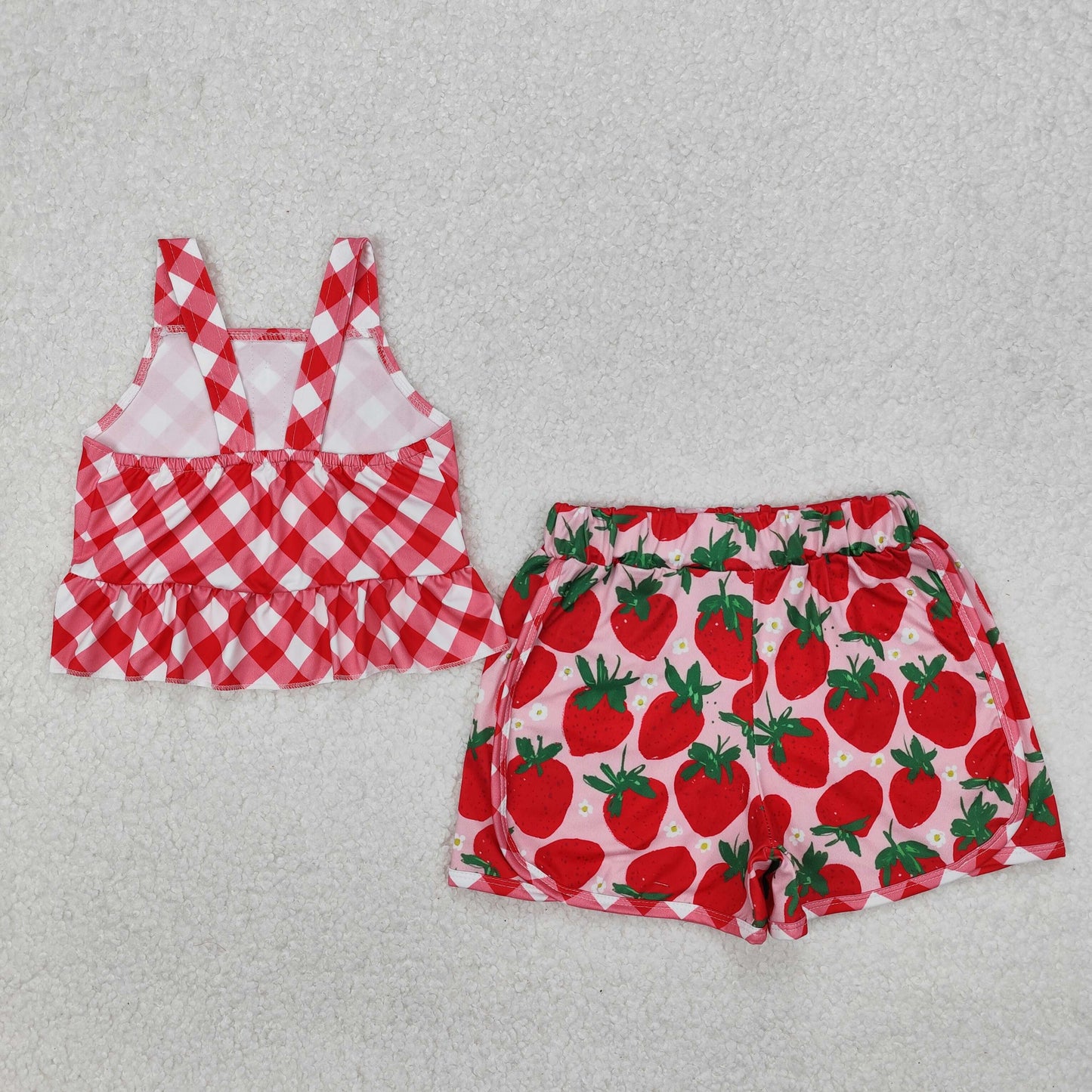GSSO2037 girls red checkered strawberry shorts outfits