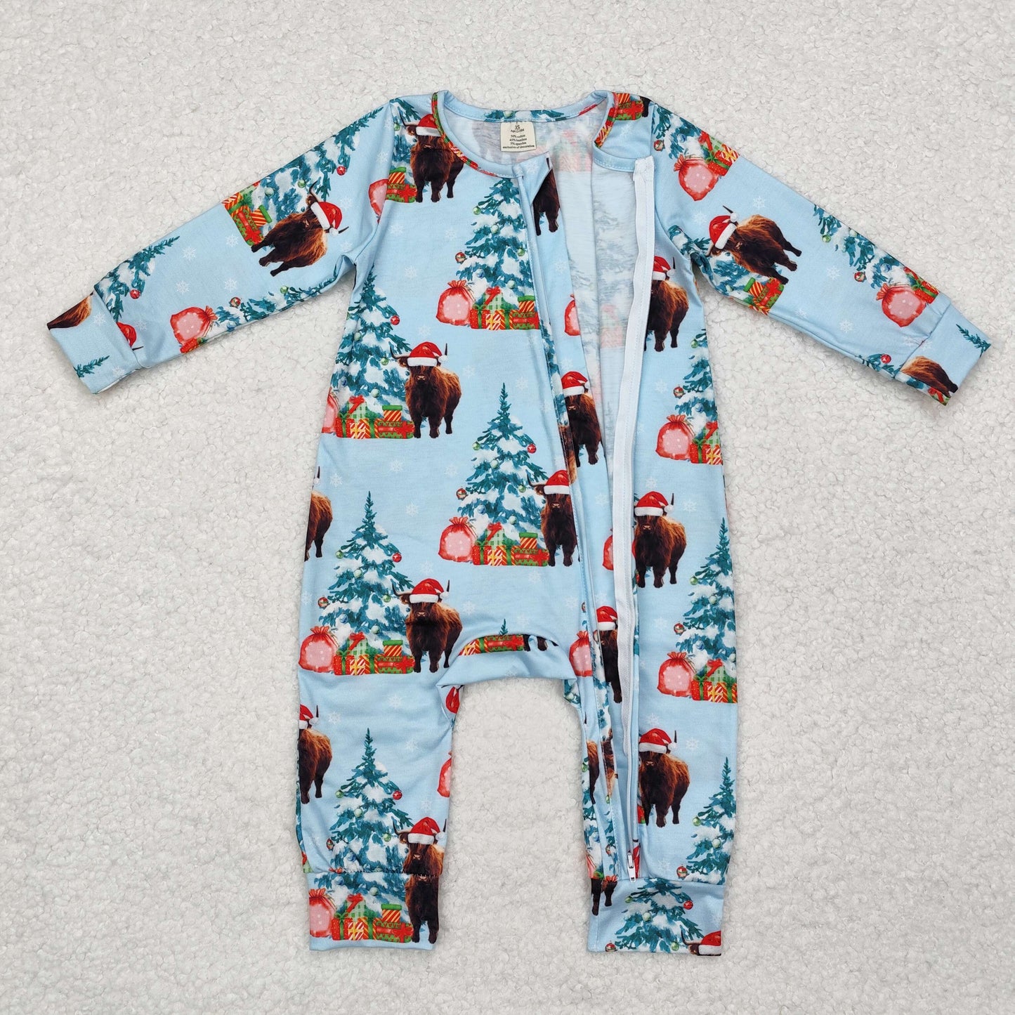 LR1459 Christmas tree Alpine cattle zipper blue bamboo romper