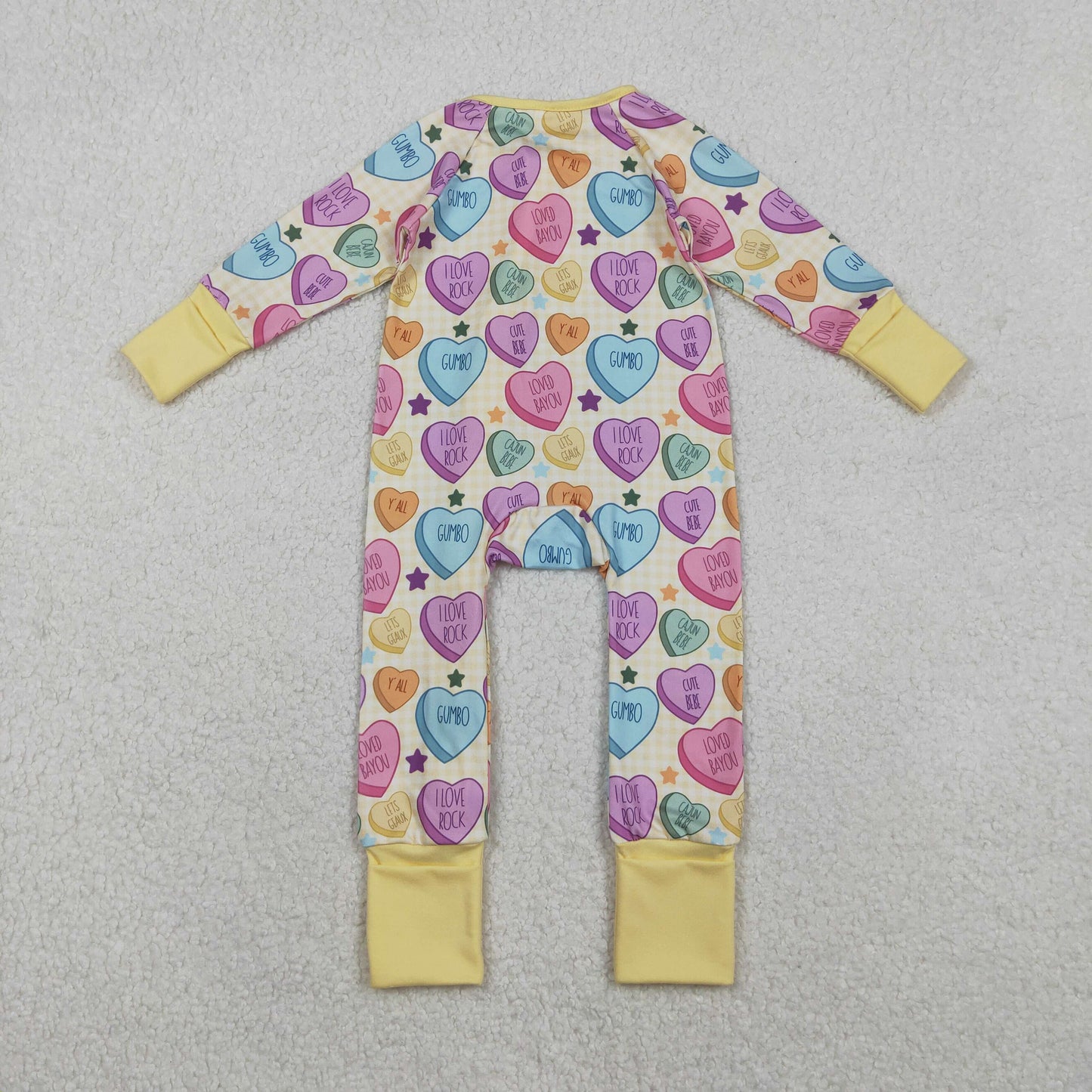 LR2778 baby girls Valentine's Day zipper yellow long sleeves romper