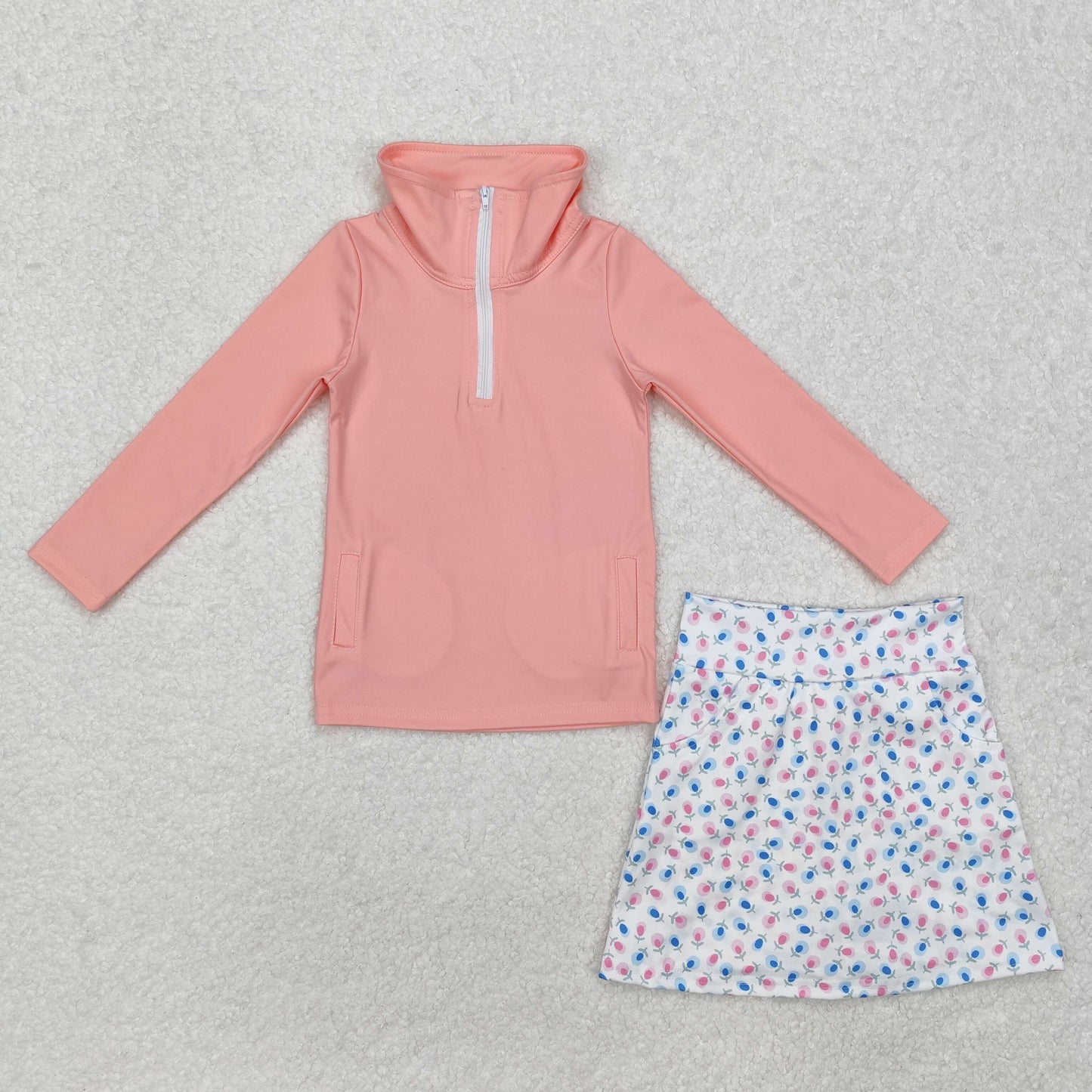GLD0984 Girls pink pocket zipper shirt skirt Outfits