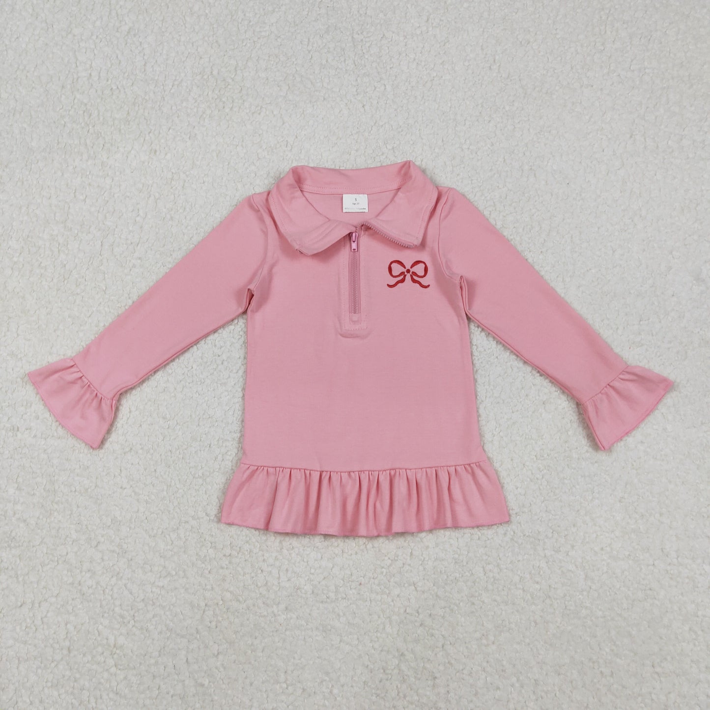 GT1270 baby girls pink bow floral zipper pullover top embroidery