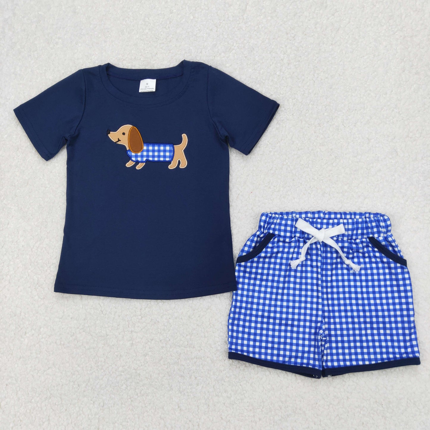 BSSO1227 Boys puppy dark blue short sleeve checked shorts outfits embroidery