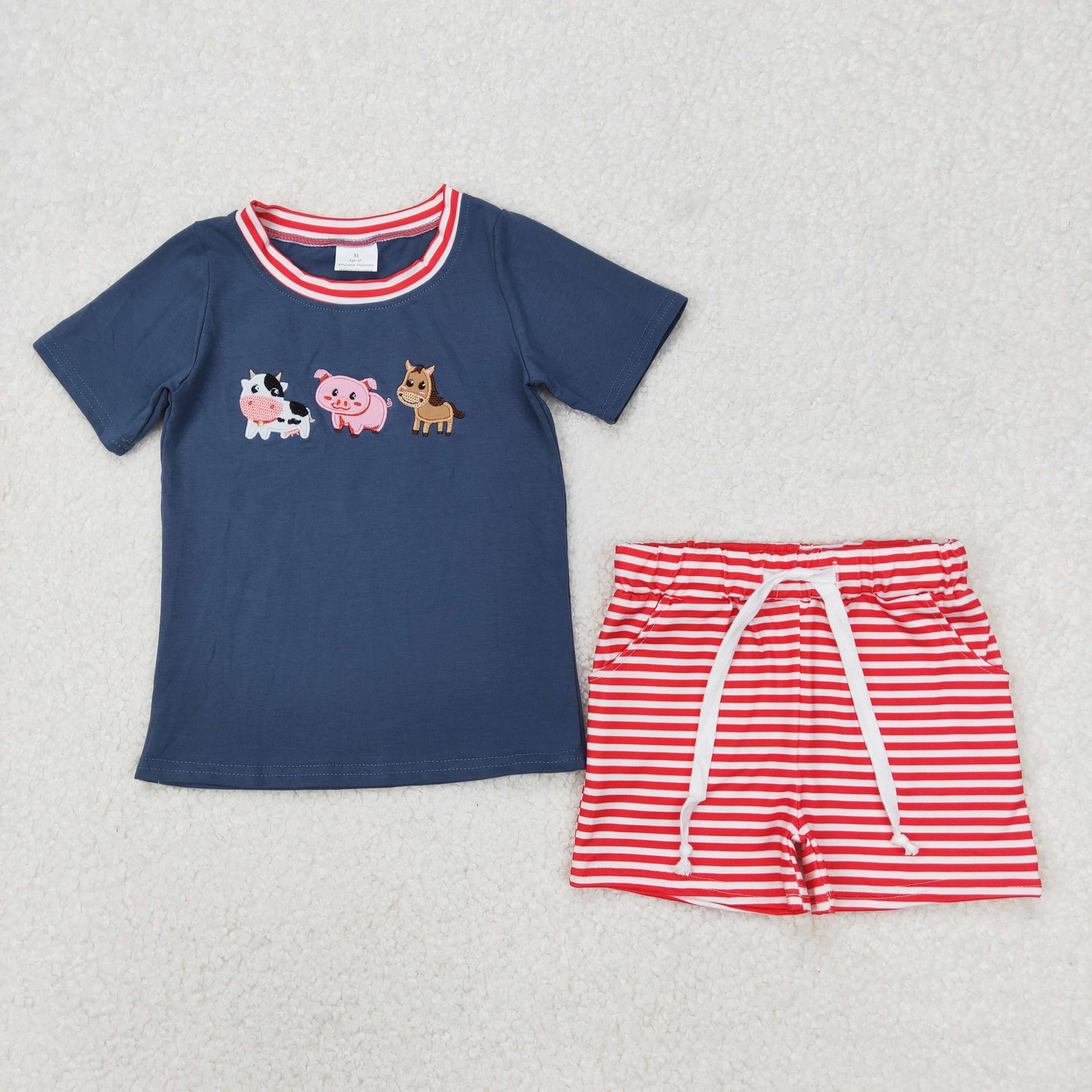 BSSO1295 Boys blue short sleeve pig red stripe shorts outfits embroidery