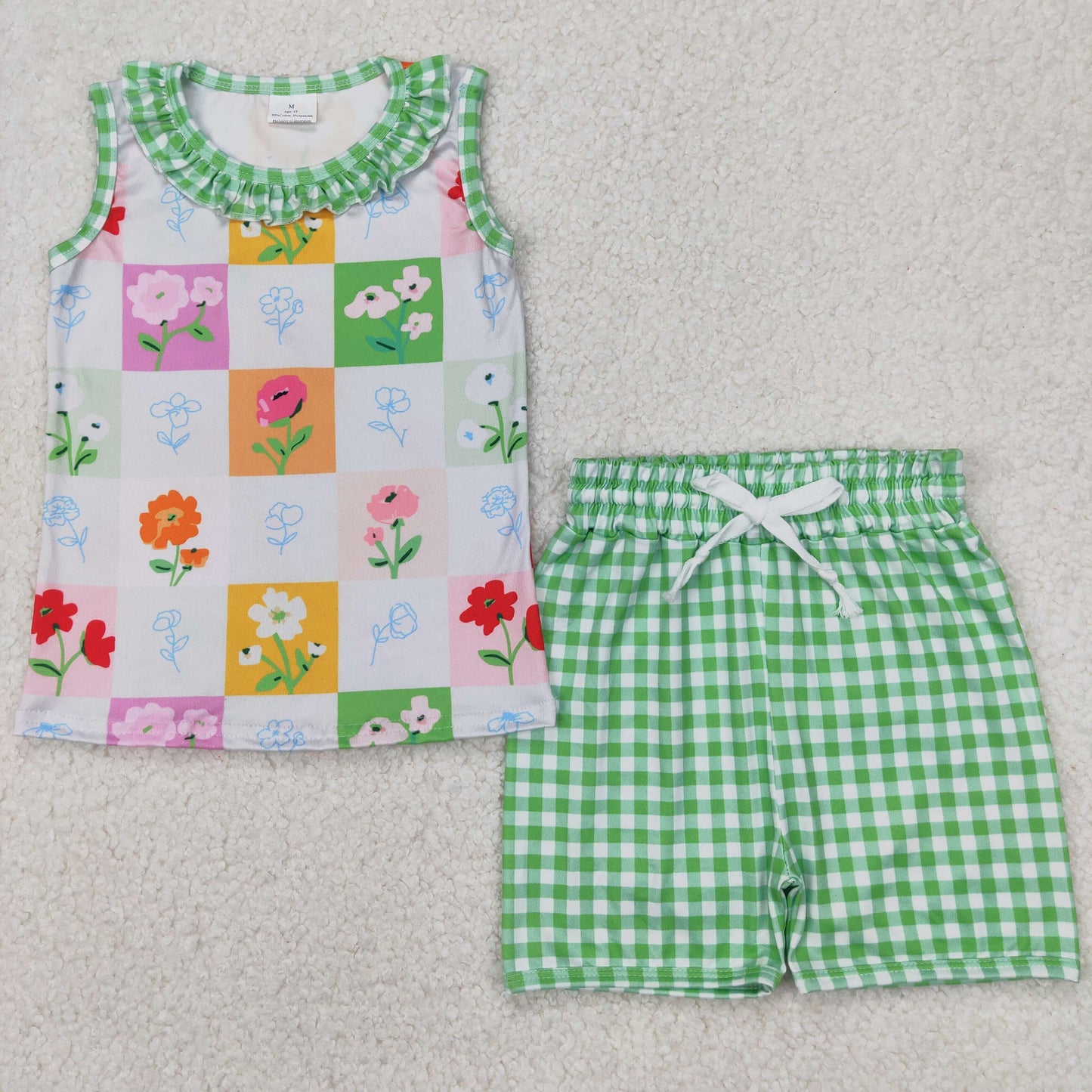 GSSO2415 baby girls sleeveless flower green checkered shorts outfits