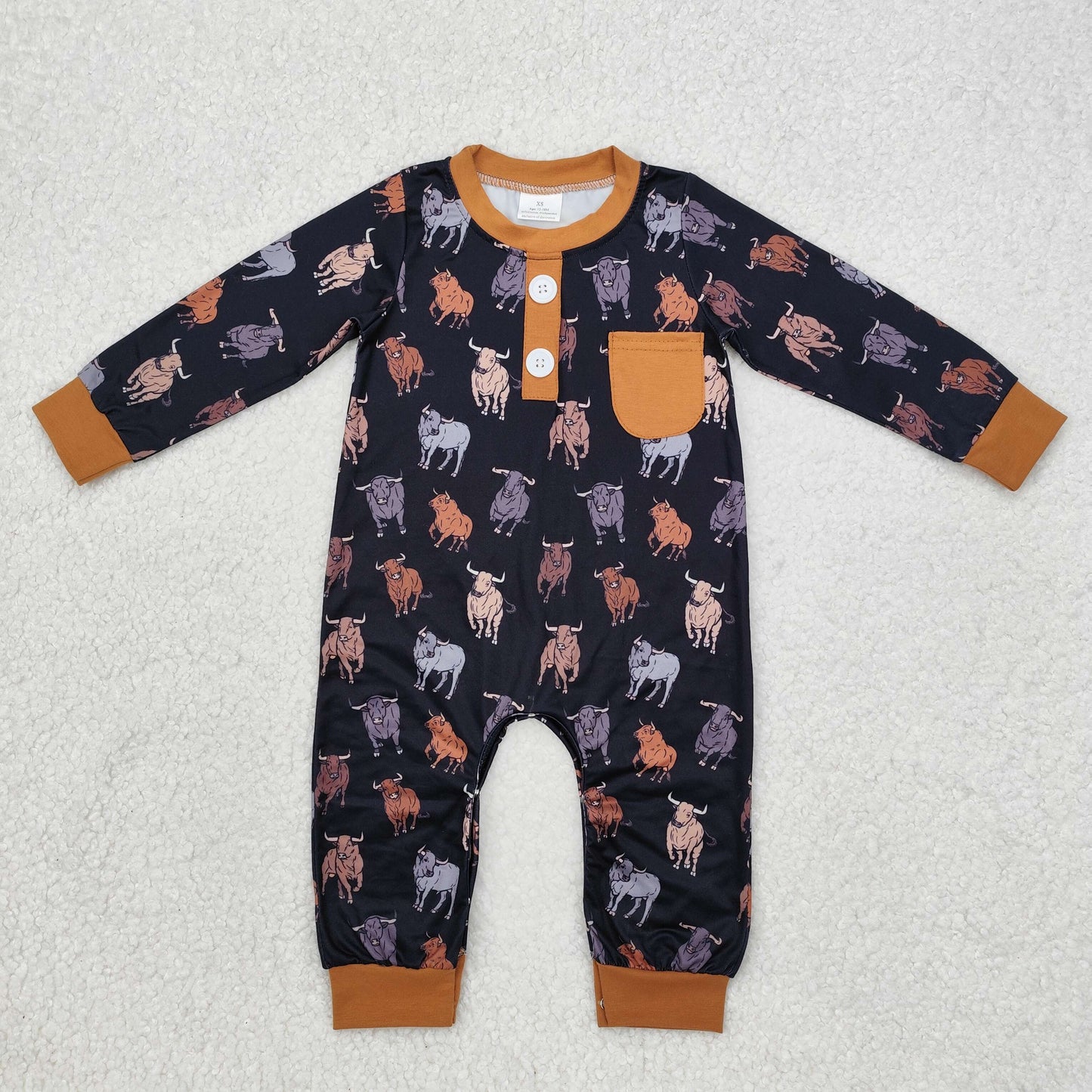 LR1902 Baby boys brown cow pocket romper