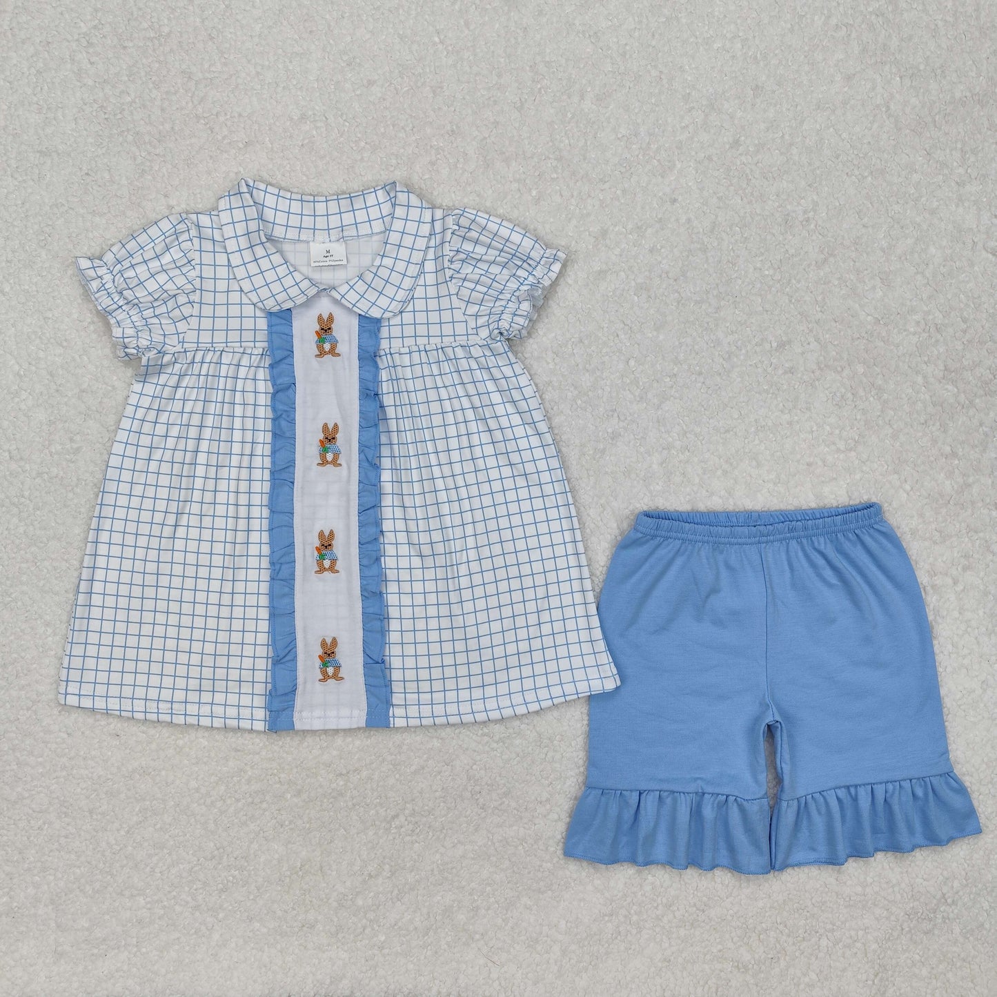 GSSO1583 Girls blue puff sleeve bunny outfits embroidery