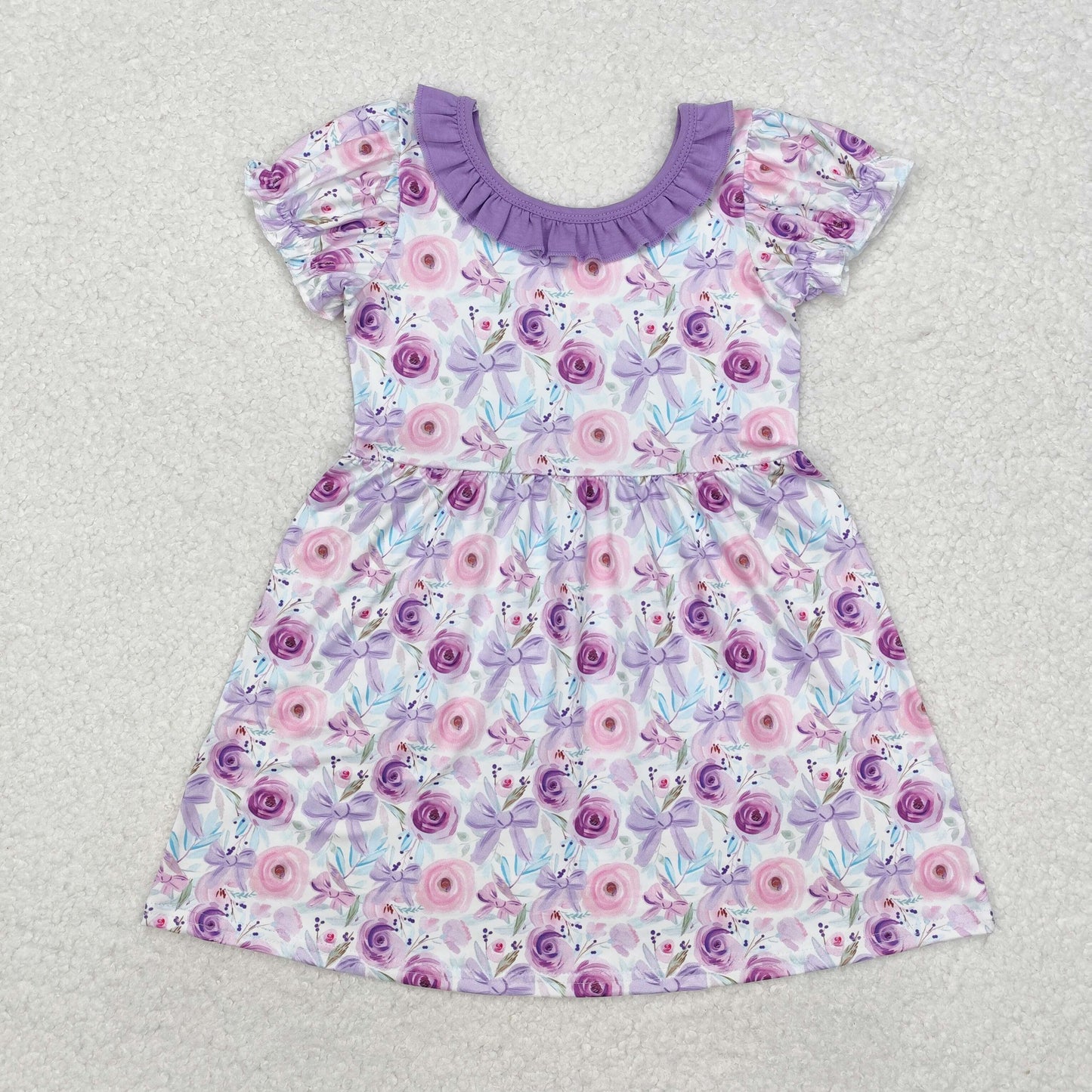 GSD1516 purple rose bow short-sleeved dress