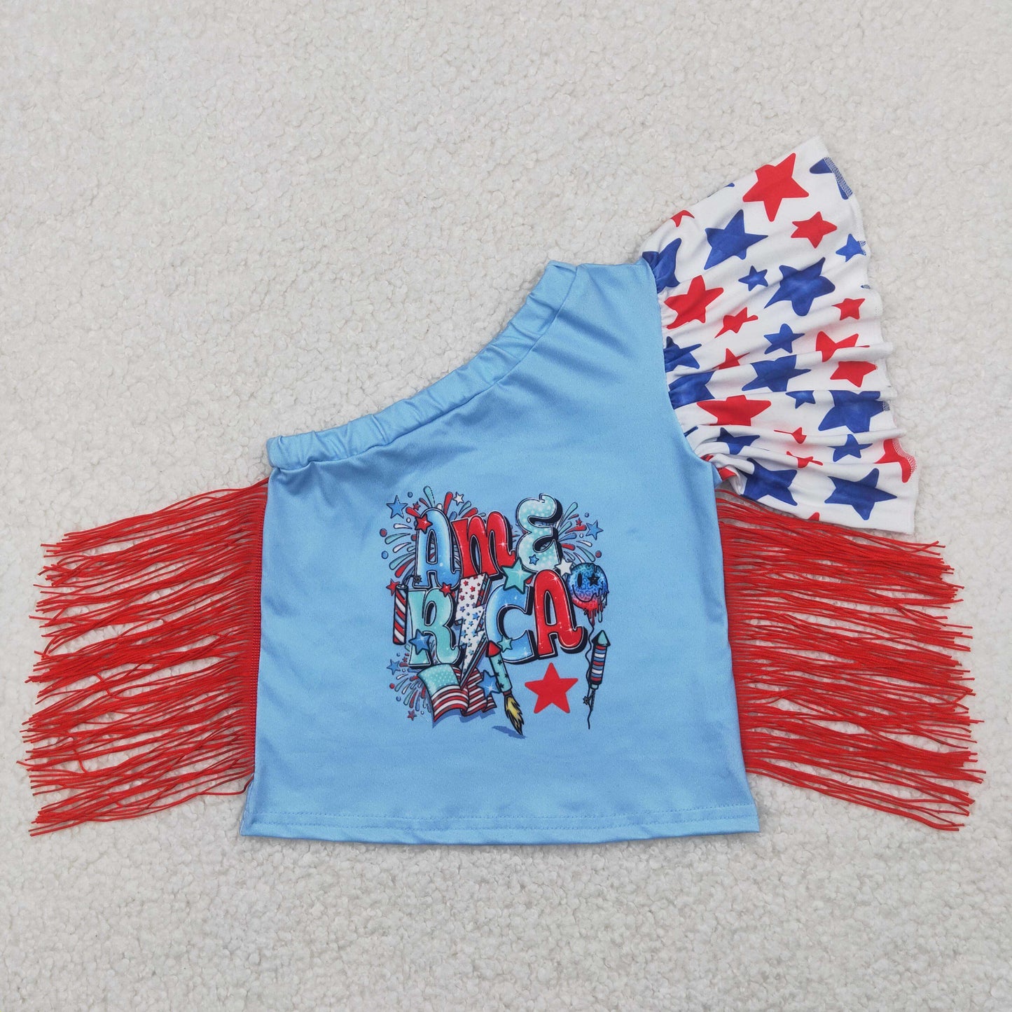 GT0942 Girls Junly Fourth red tassel blue T-shirt