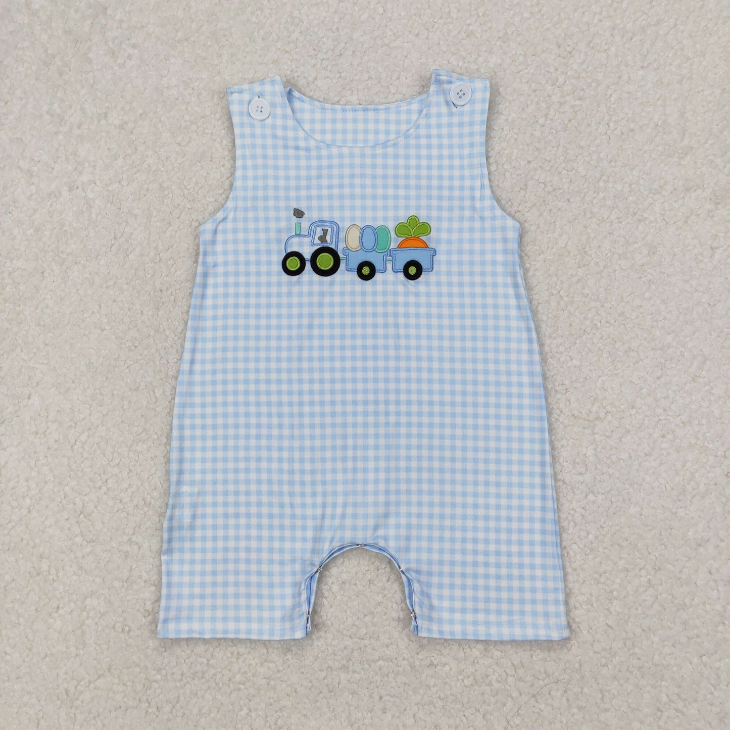 SR2402 Baby girls Easter tractor blue plaid sleeveless romper embroidery