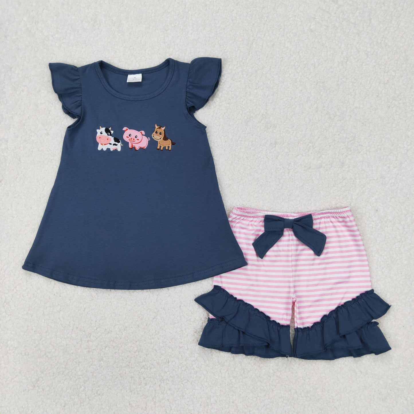 GSSO2110 girls blue flying sleeve pig stripe bow shorts outfits embroidery