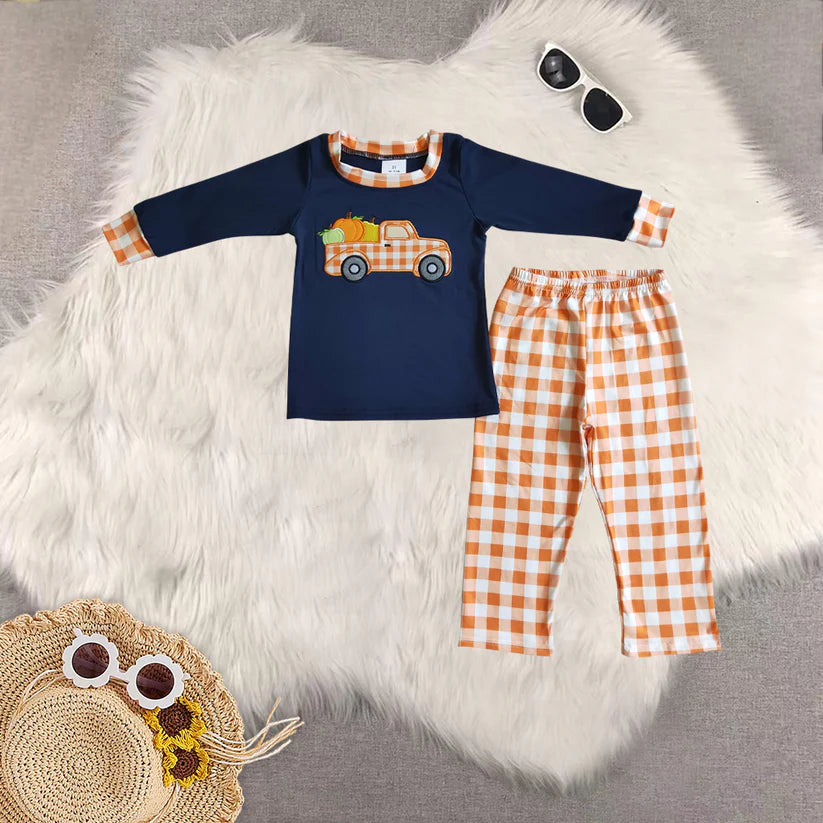 Matching Baby girls boys Halloween pumpkin outfits clothing embroidery