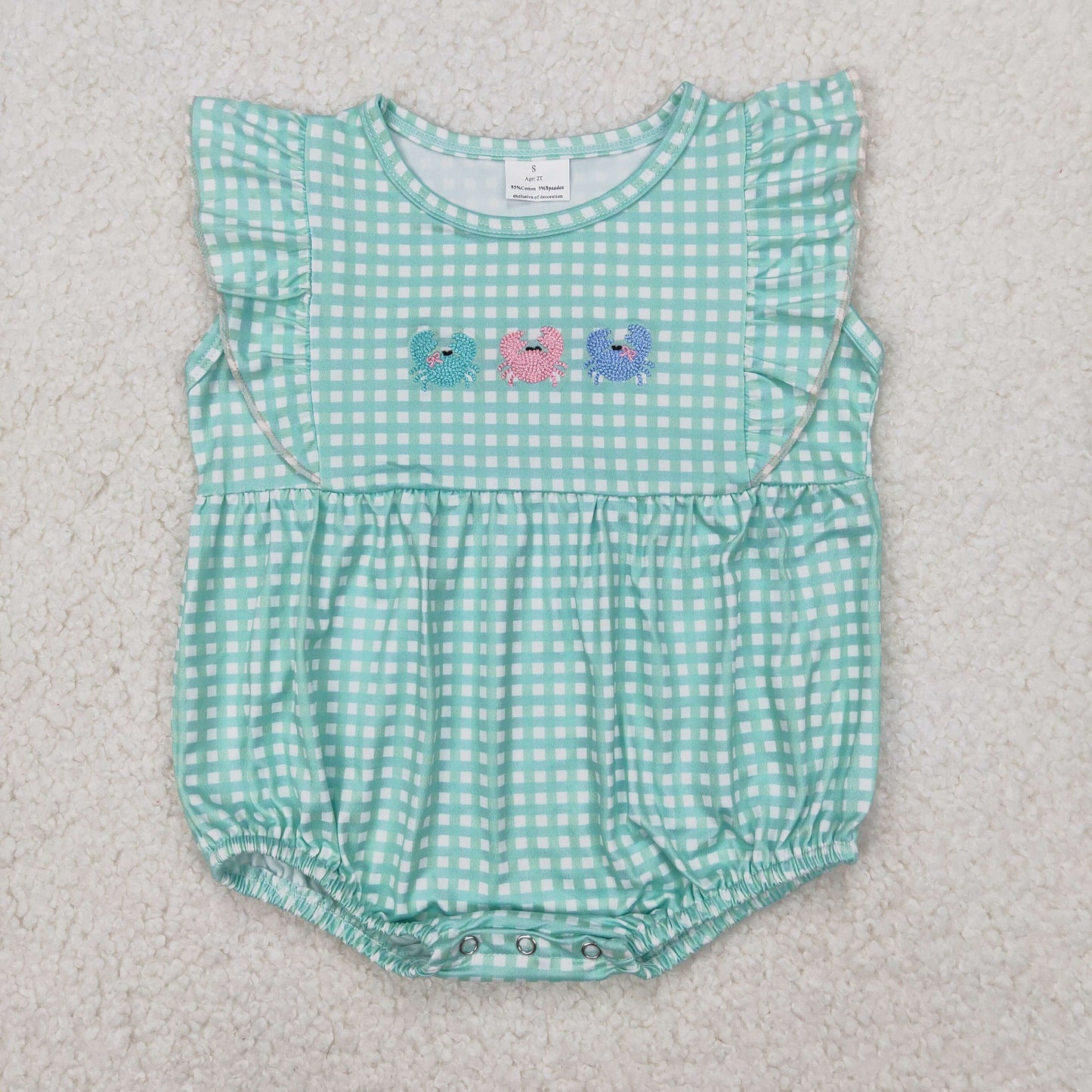 SR2659 Baby girls crab green flying sleeve stripe romper embroidery