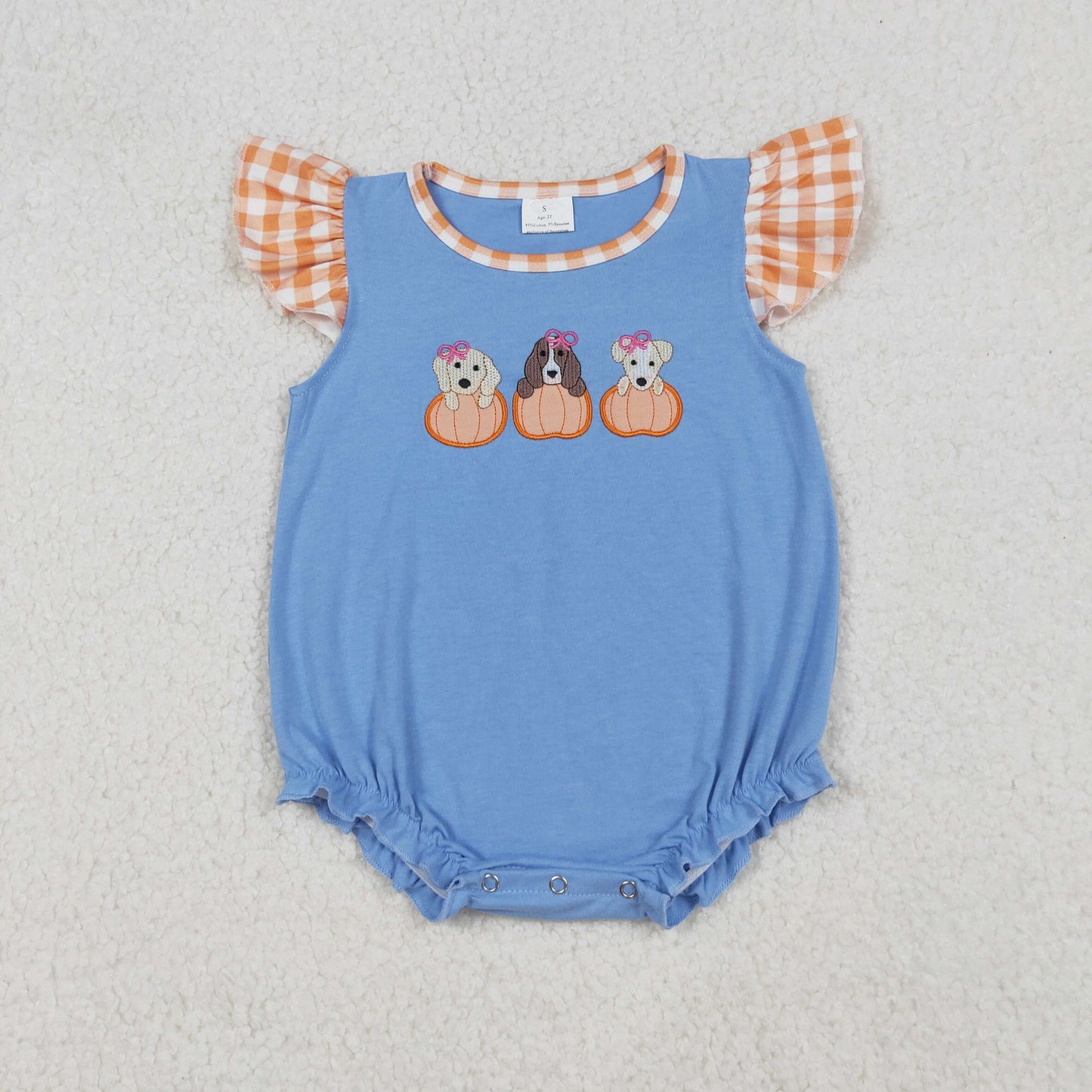 SR3191 baby girls orange checkered pumpkin puppy blue romper embroidery