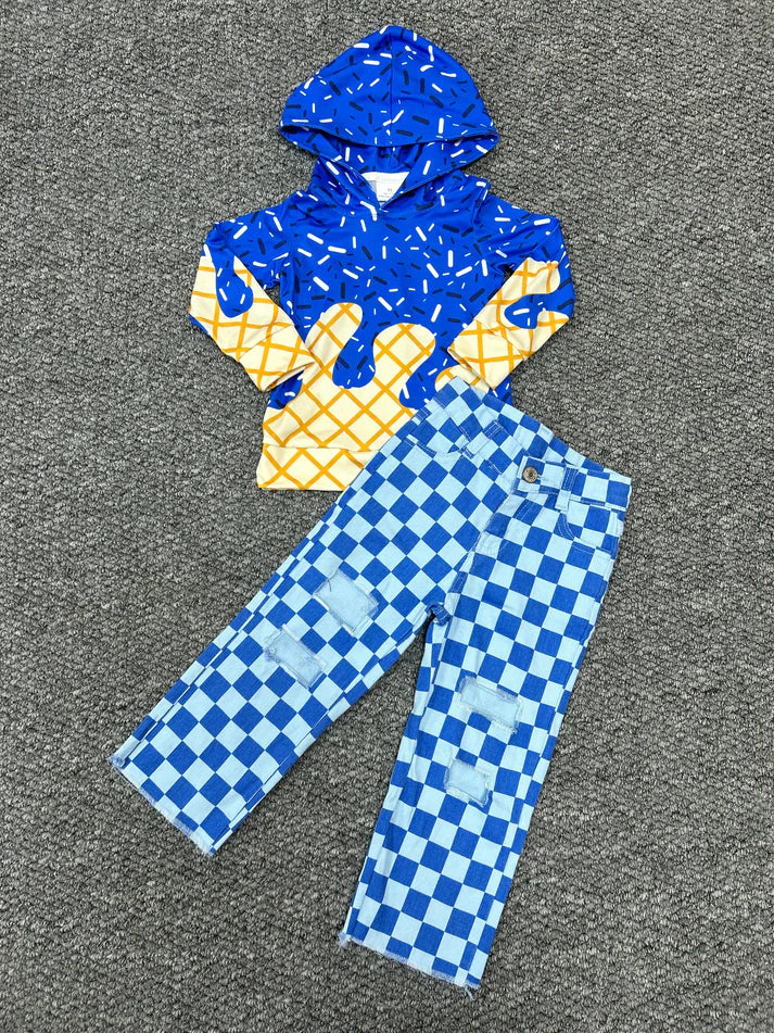 RTS BT1275+P0097 Waffle Ice Cream Royal Blue Hooded Long-Sleeved Top Blue Plaid Ripped Jeans set