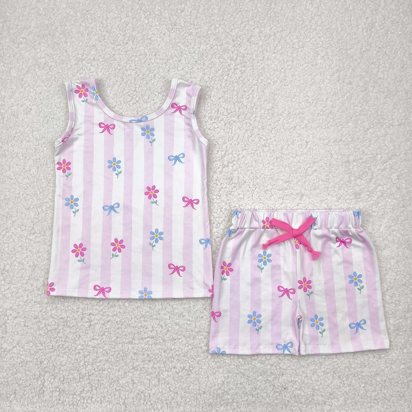 GSSO2476 baby girls sleeveless flower pink bow stripe shorts outfits