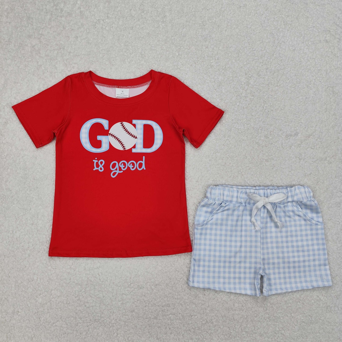 BSSO1248 Boys red GOD baseball blue checked short sleeve outfits