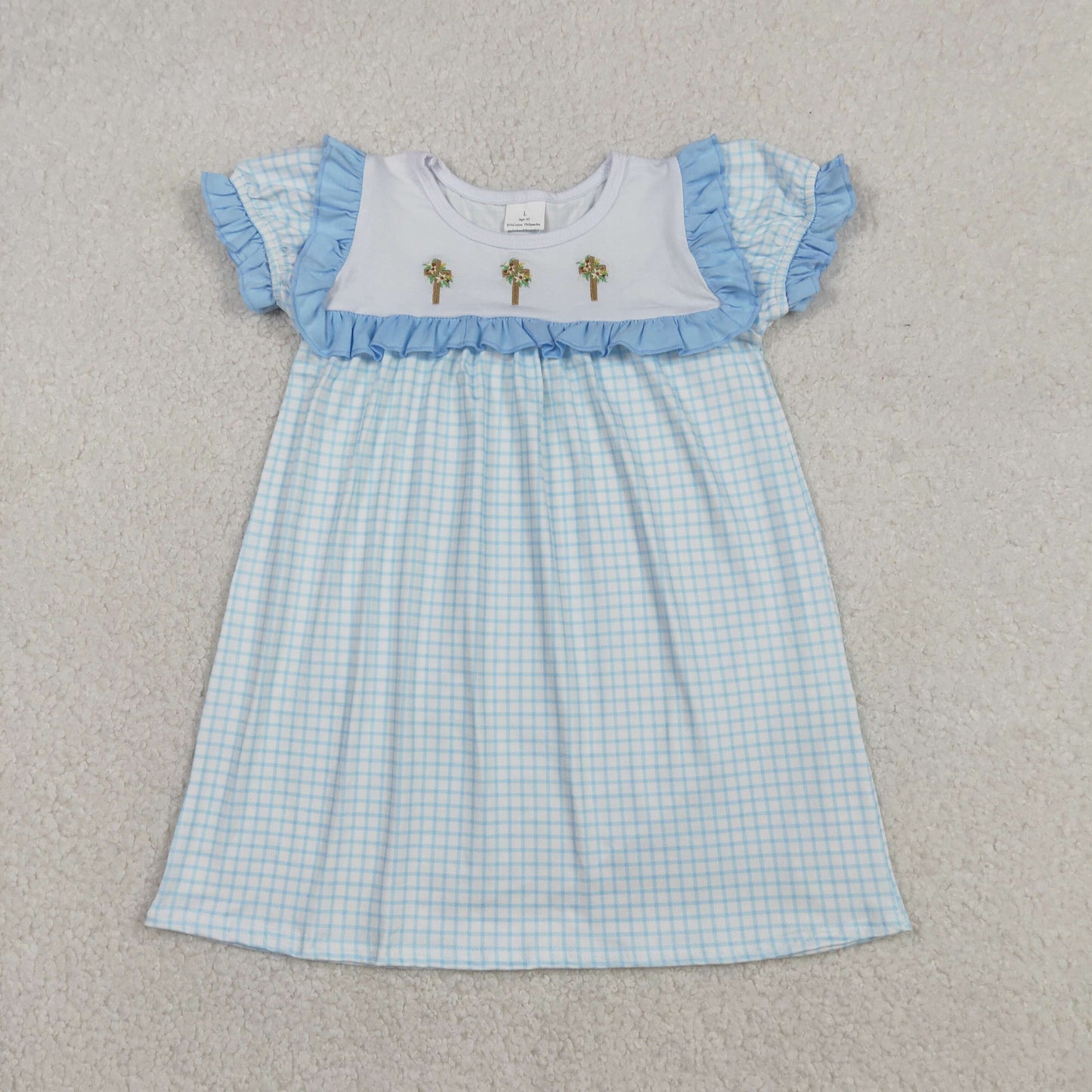 GSD2851 Baby Girls Easter short sleeve blue checkered dress embroidery
