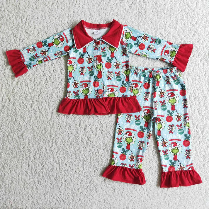 Matching Baby boys girls Christmas Cartoon button red long sleeve pajamas