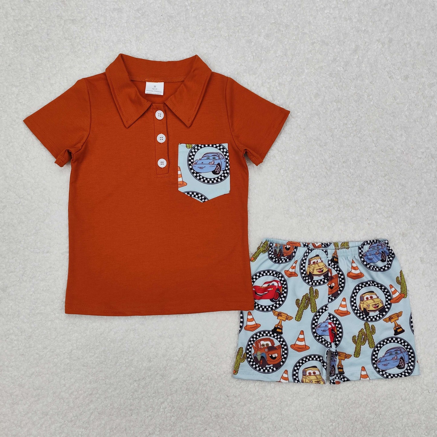 BSSO1210 Boys brown pocket cartoon car cactus shorts outfits