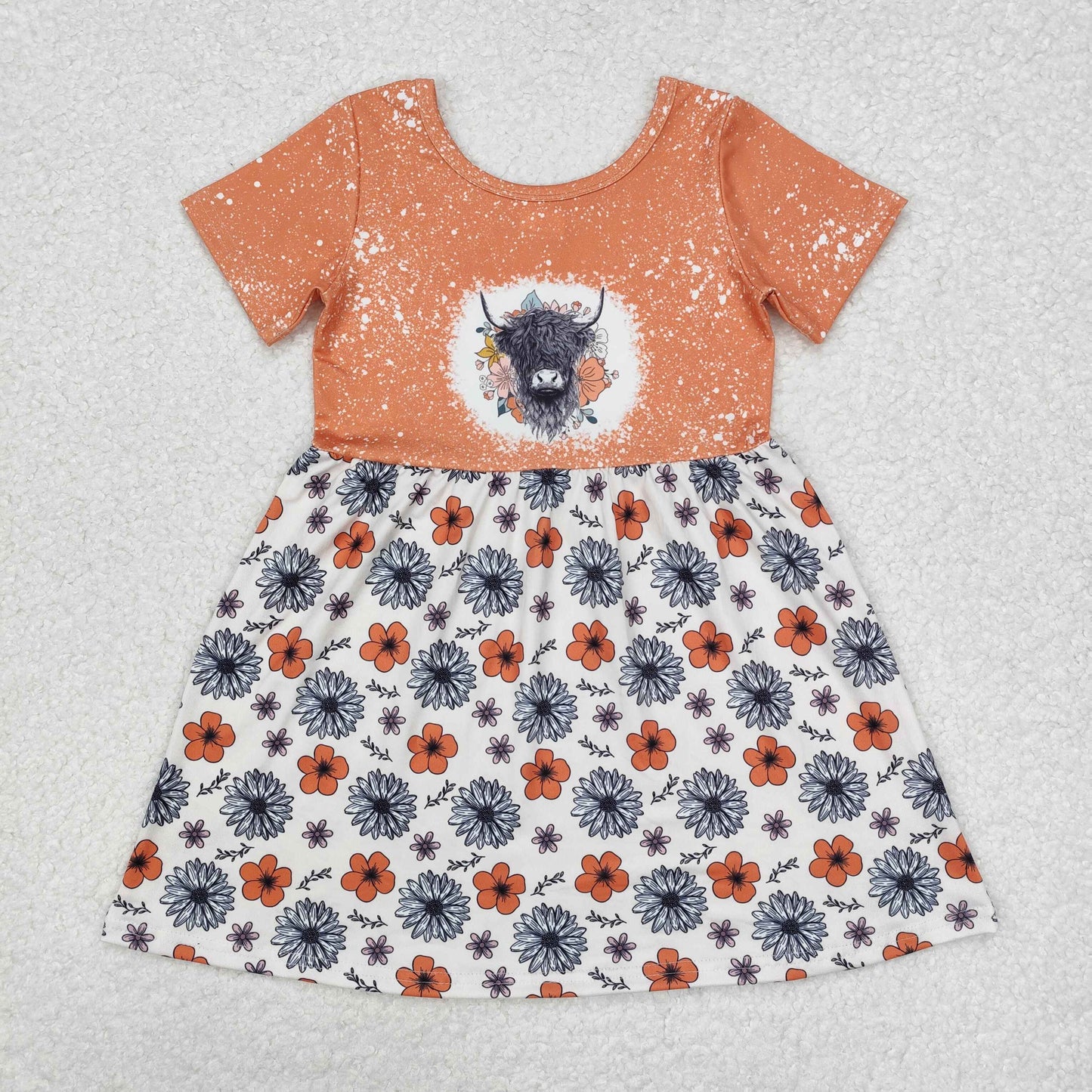 GSD1253 Short sleeves highland cow floral girls dress