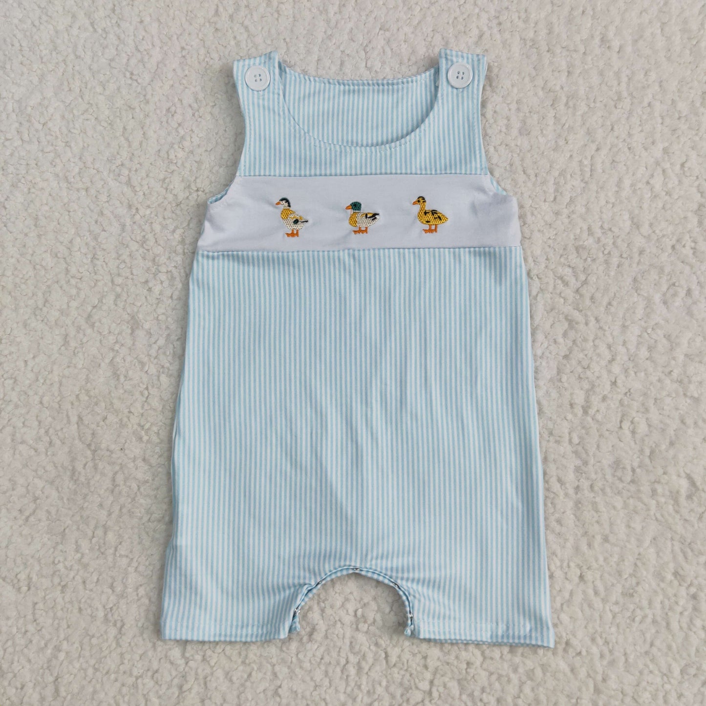 SR2991 Baby boys sleeveless blue checkered duck romper embroidery