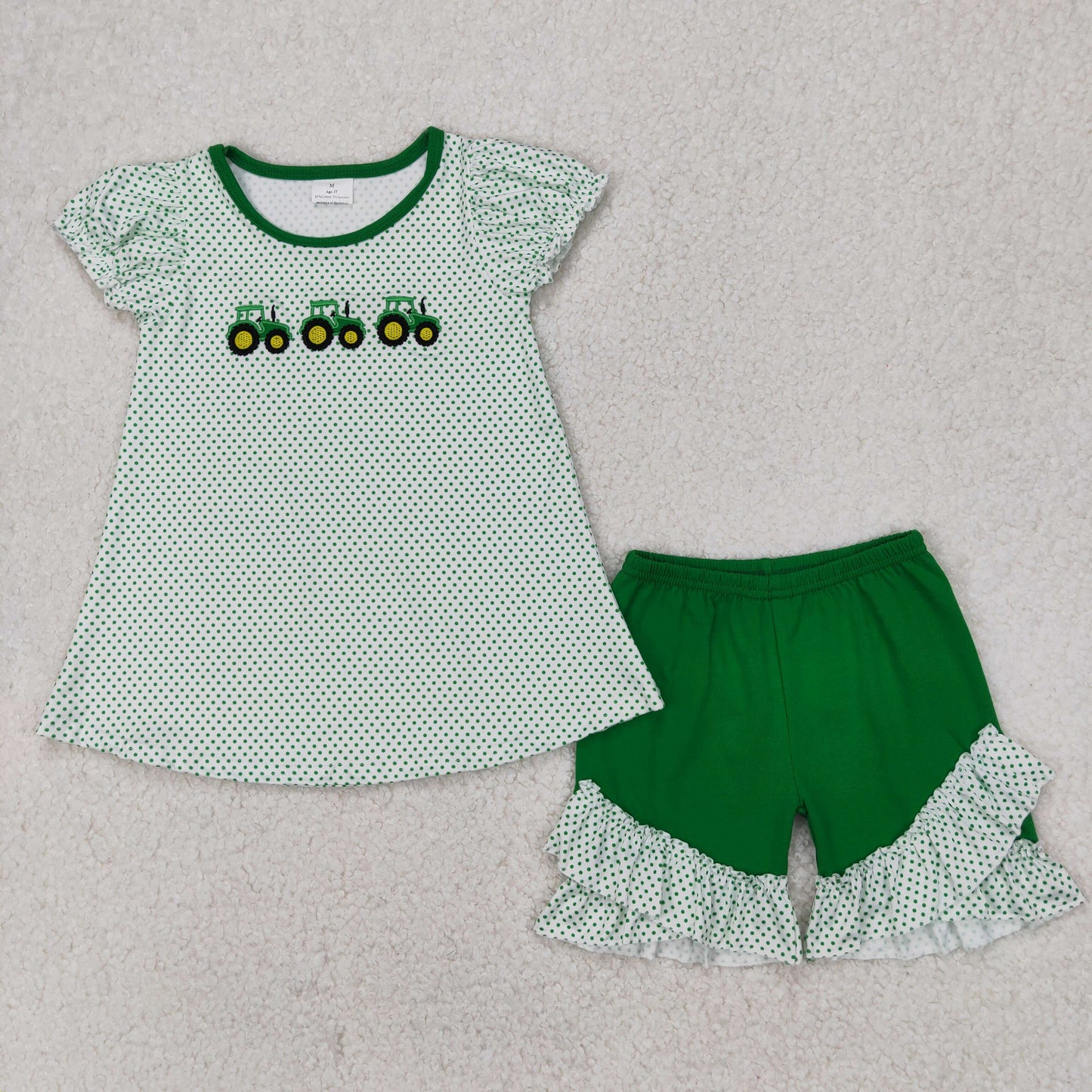 GSSO2268 baby girls puff sleeve tractor dot green shorts outfits embroidery