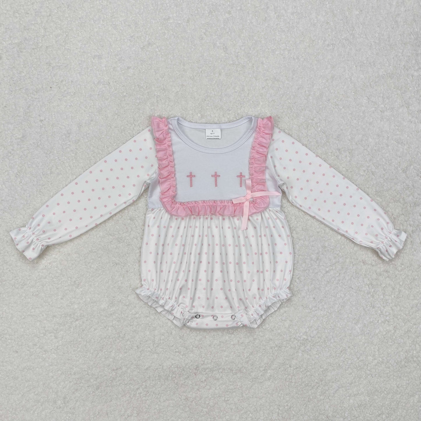 LR2136 Baby girls pink cross bow lace romper embroidery