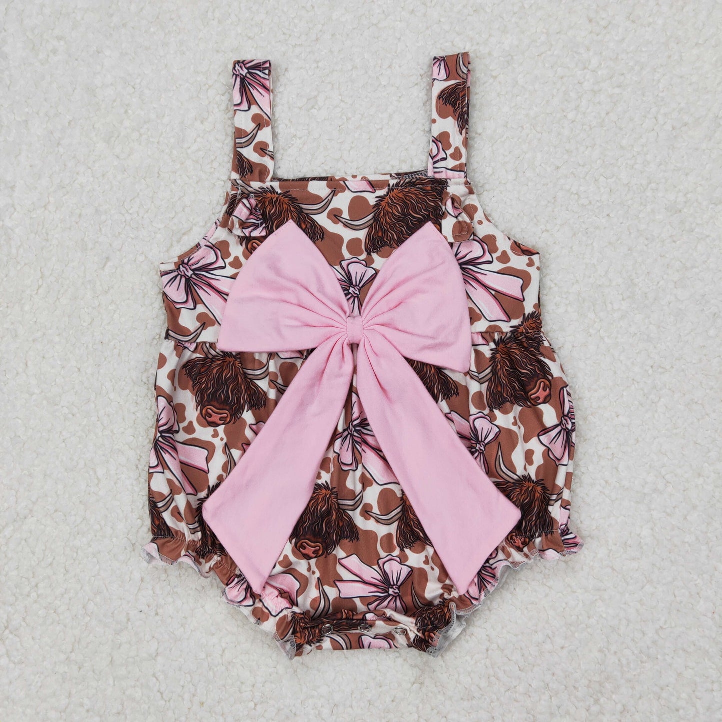 SR2697 Baby girls brown cow pink bow romper