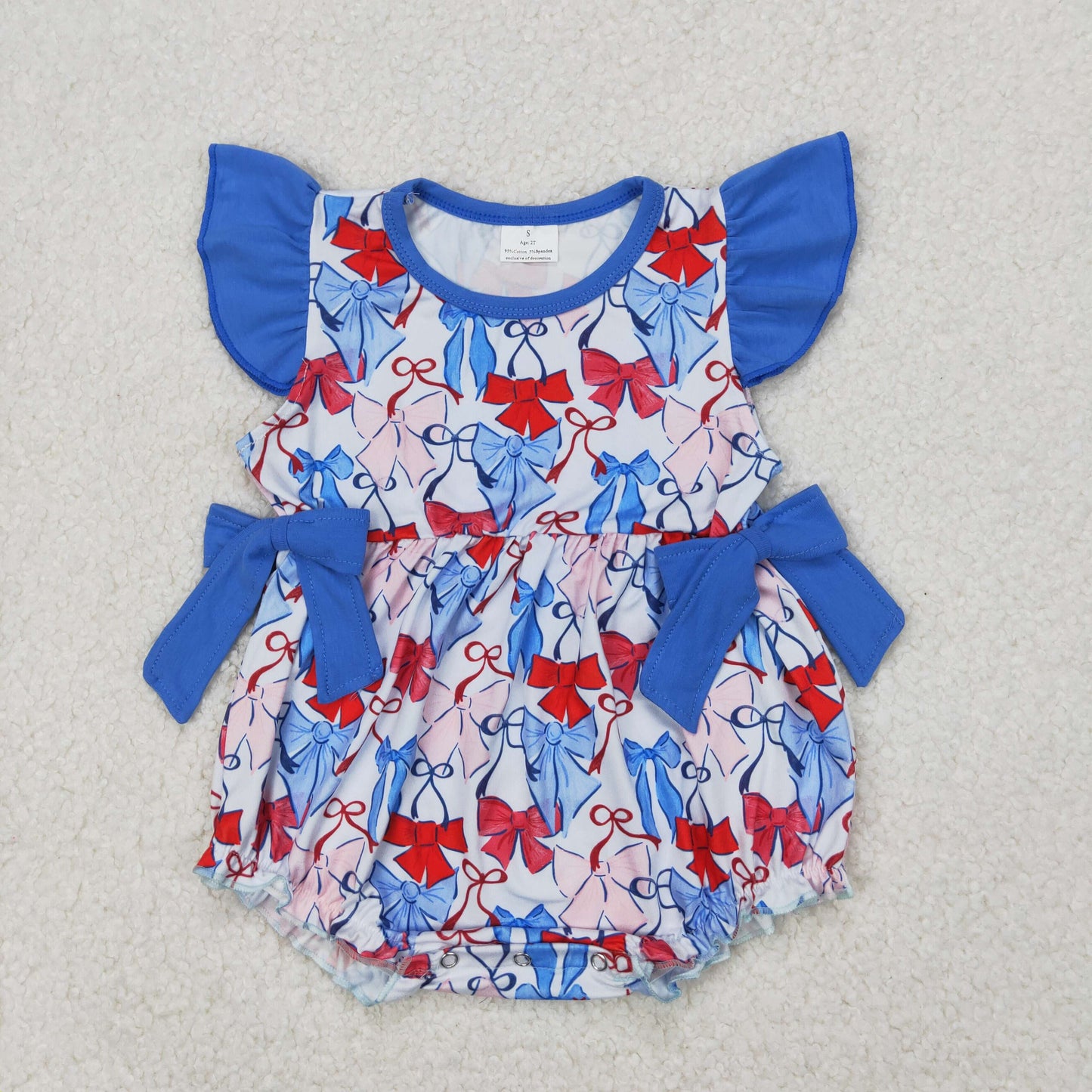 SR2954 Baby girls July Fourthblue flying sleeve red bow romper