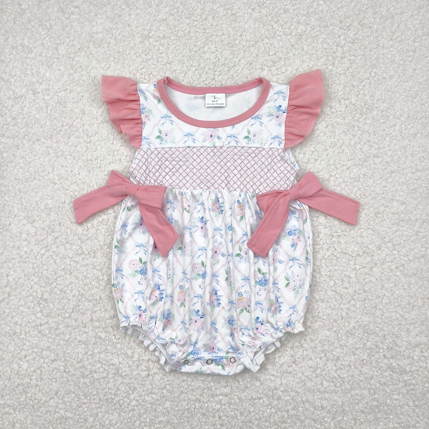 SR2923 Baby girls pink flying sleeve bow flower romper embroidery