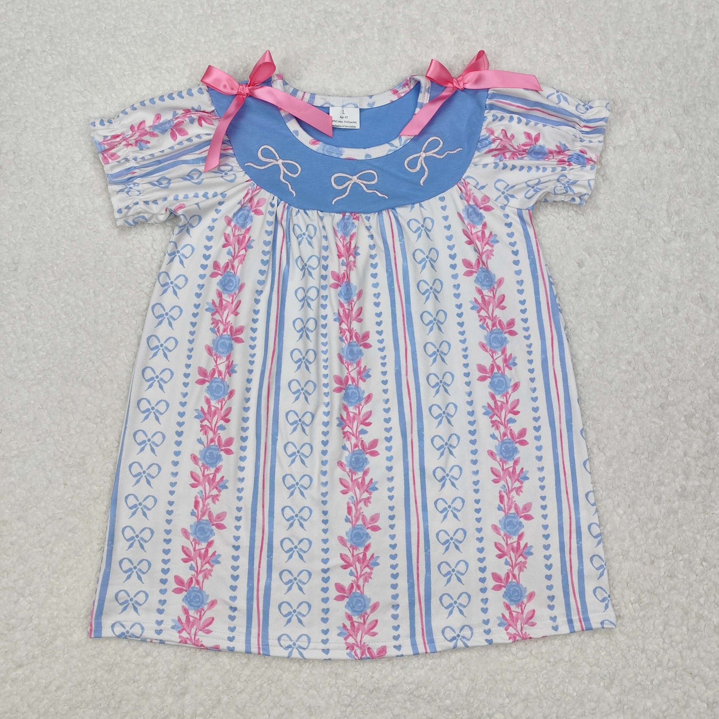 GSD1520 Girls Pink bow with flower stripes dress embroidery