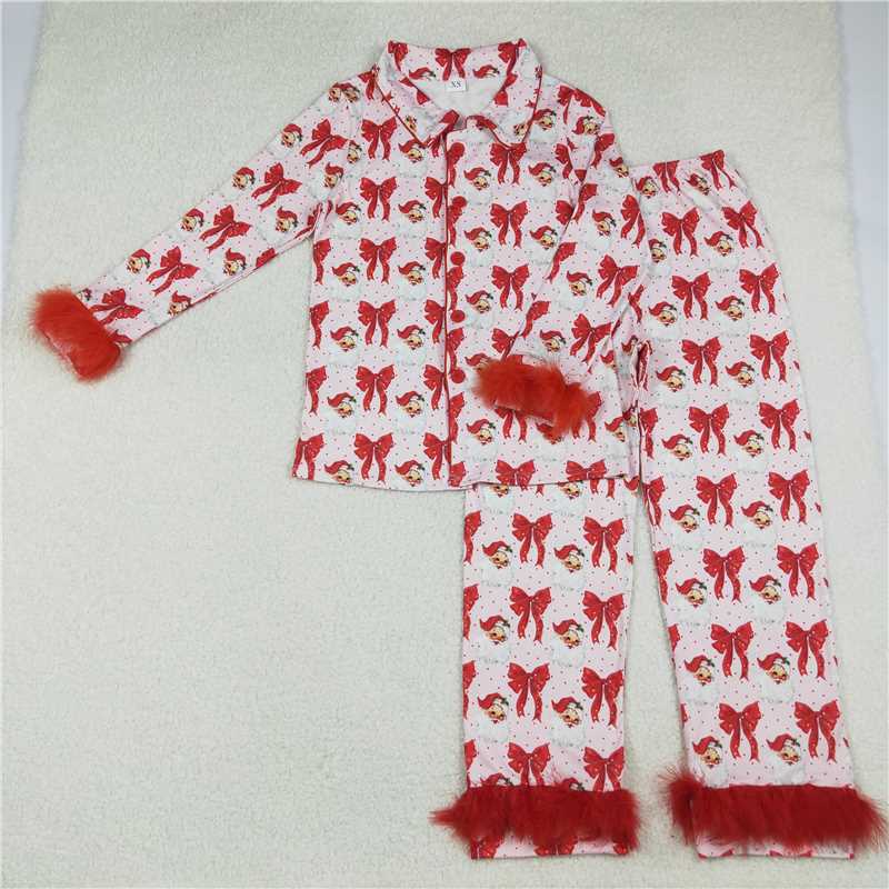 Family Matching Adult Baby girls Santa bow red furry clothing pajamas