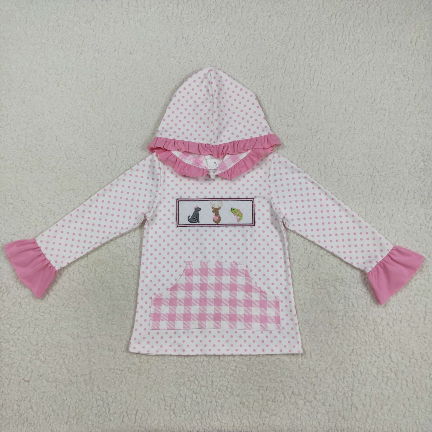 GT1106 baby girls deer puppy checkered pink hoodies top embroidery
