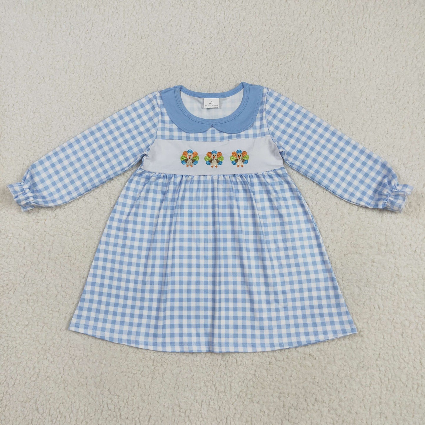 GLD1070 baby girls Thanksgiving Turkey blue checkered dress embroidery