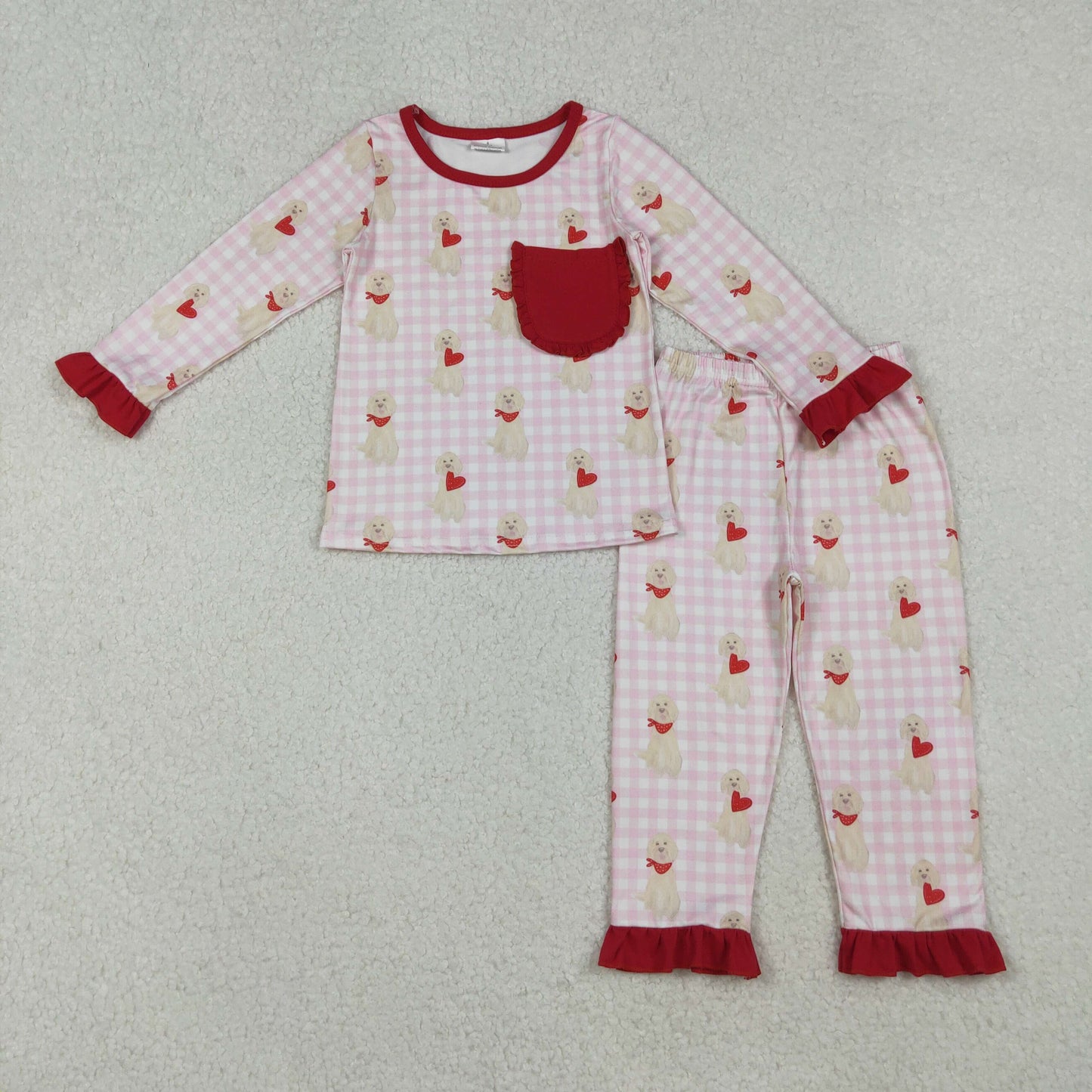 GLP2880 baby girls puppy love heart pocket checkered pajamas