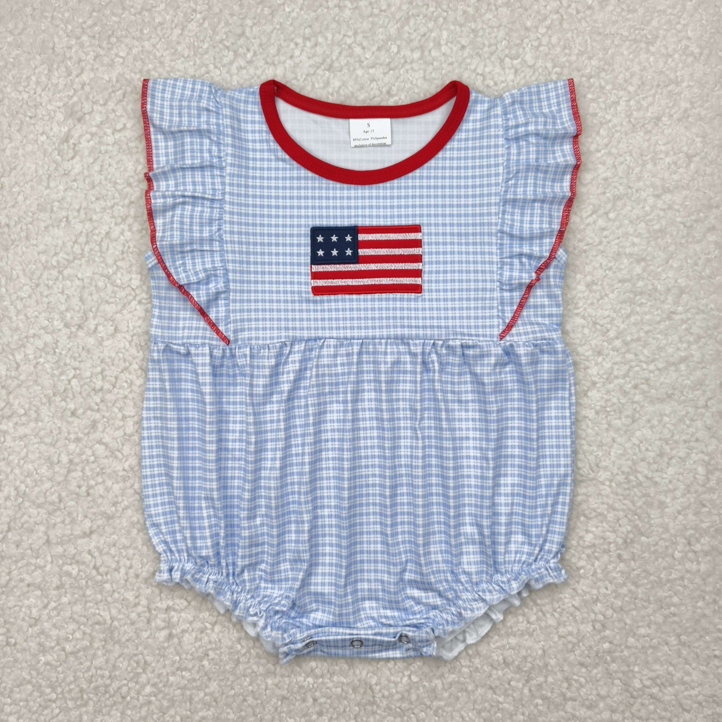 SR2817 Baby girls July Fourth flying sleeve blue romper embroidery