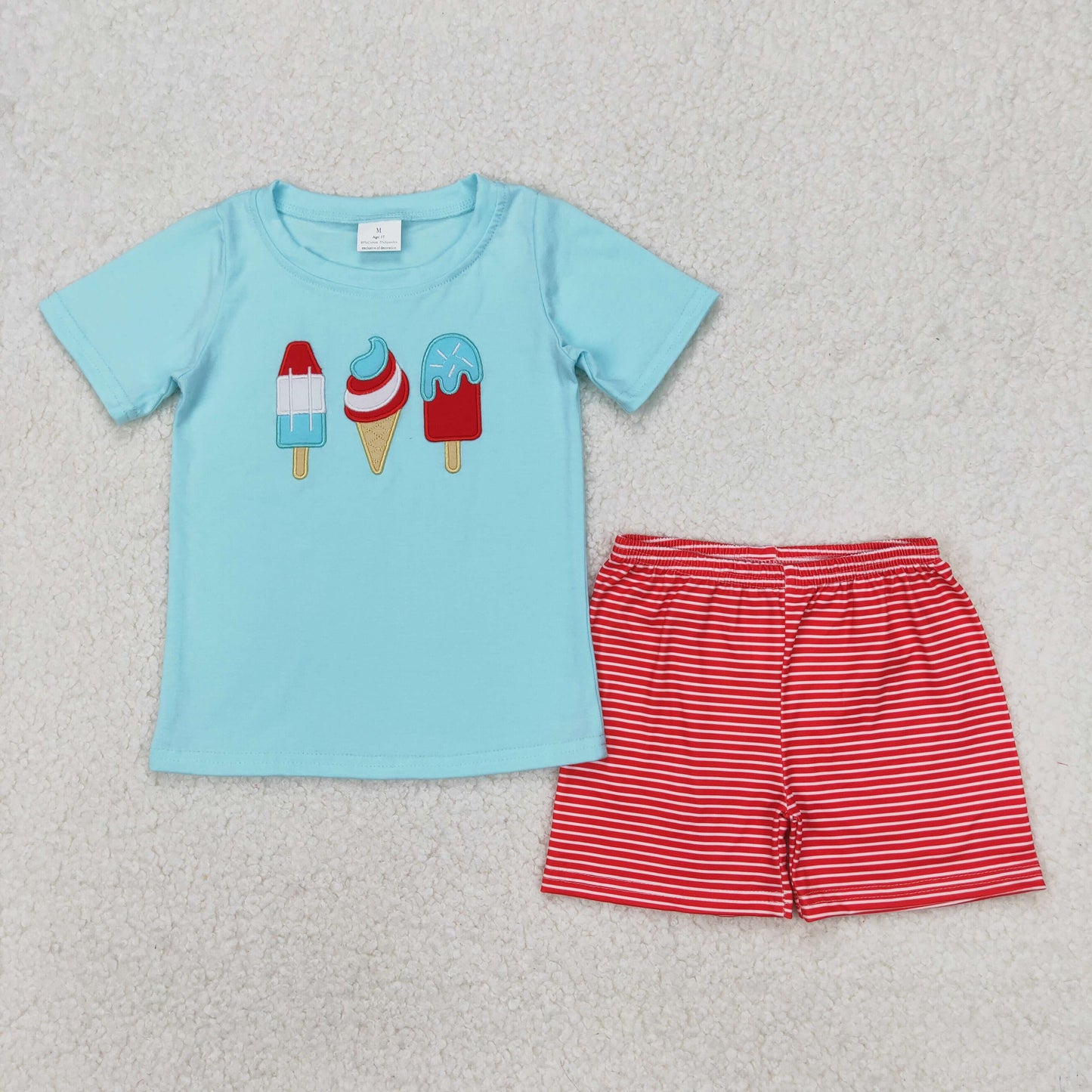 BSSO1269 Boys blue short icecream sleeve red stripe shorts outfits embroidery