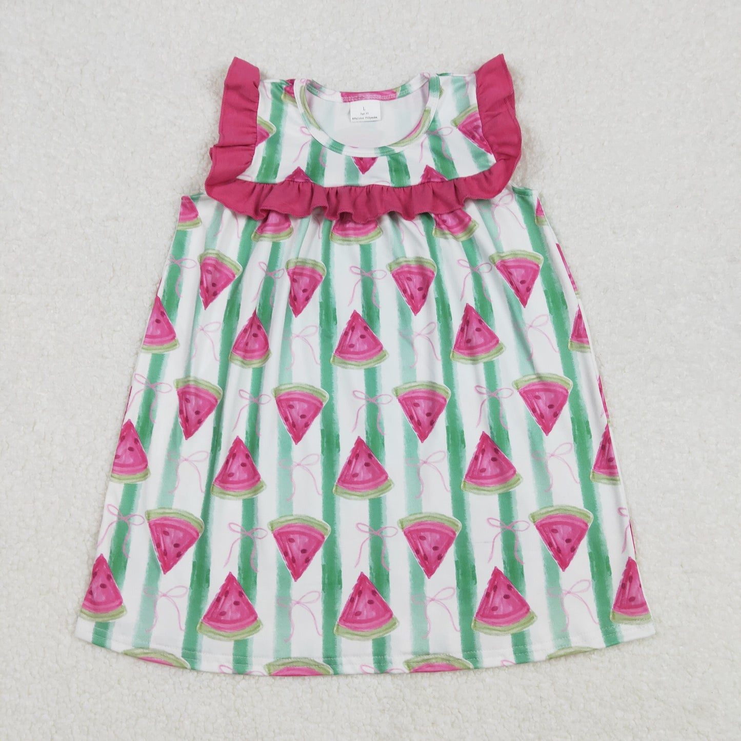 GSD1911 girls rose floral sleeve watermelon green stripe Dress