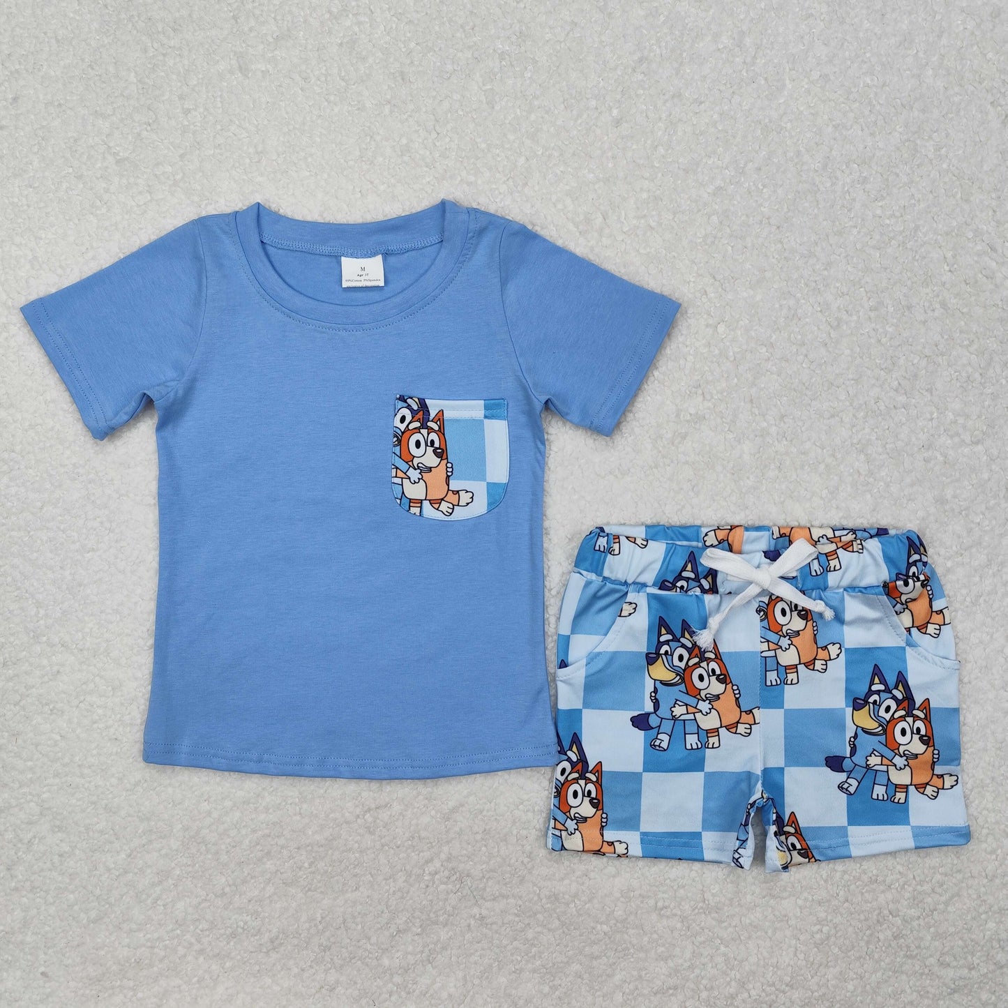 BSSO1211 Boys blue cartoon dog checkered shorts outfits
