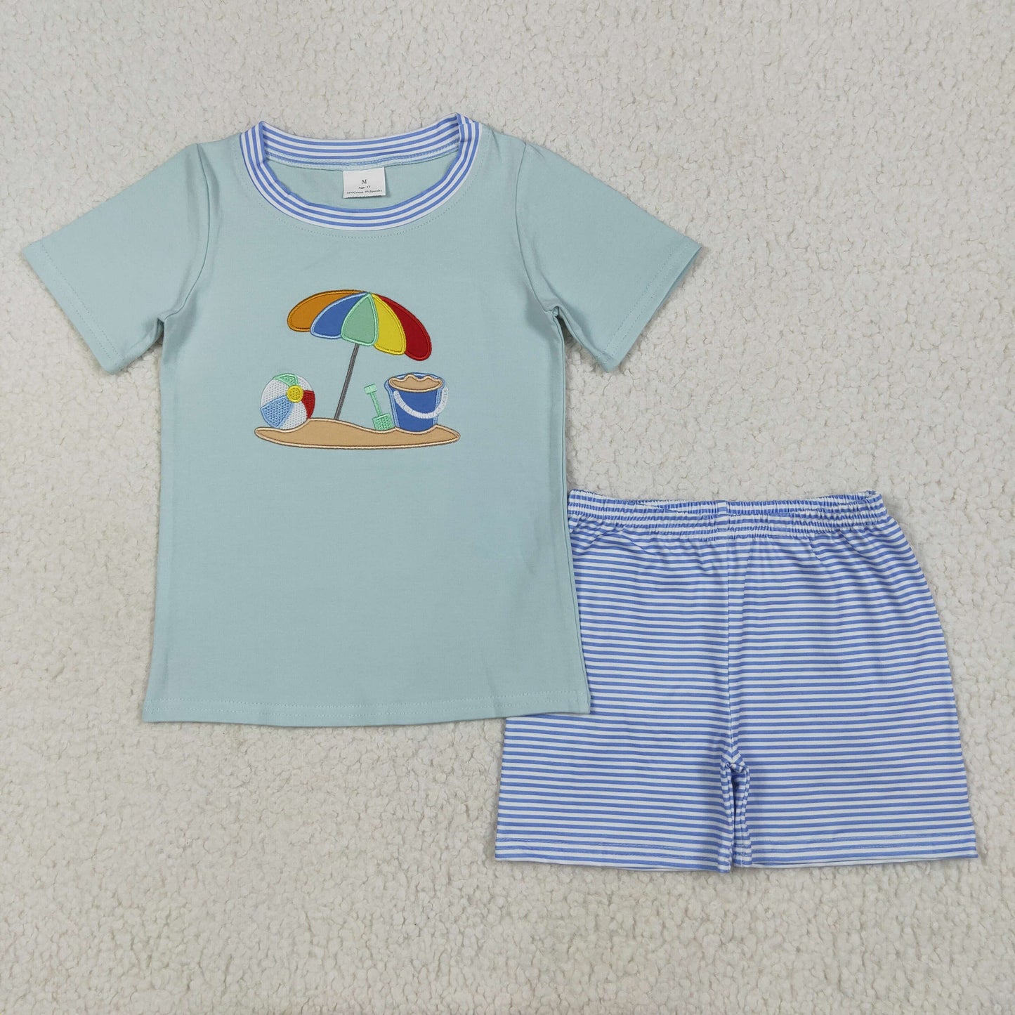 BSSO1485 Boys short sleeve beach blue shorts outfits embroidery