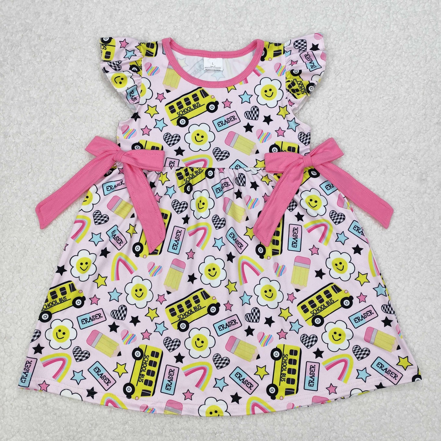 GSD1822 baby Girls Back To School Pencil bus flying sleeve pink Dress